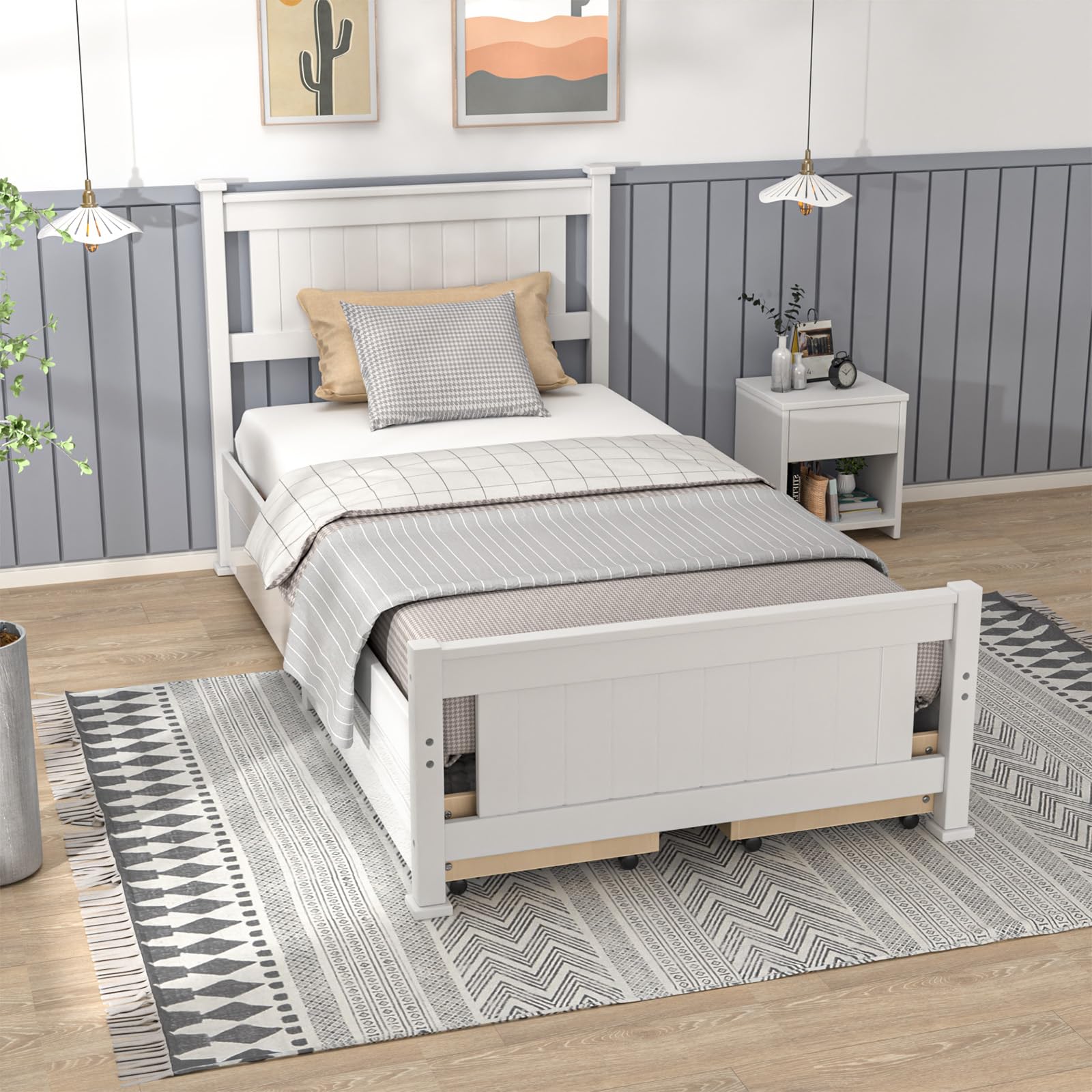 Bonnlo Twin Size Solid Wood Platform Bed Frame, Single Bed with Headboard, No Box Spring Needed Panel Bed, Wood Slat Support Mattress Foundation, White