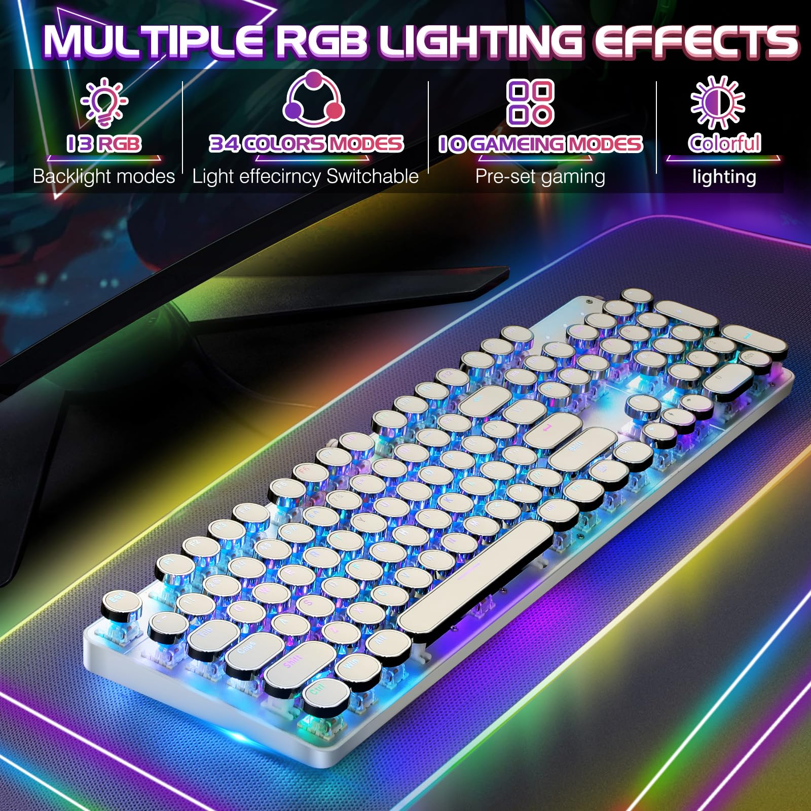 YSCP Typewriter Style Mechanical Gaming Keyboard RGB Backlit Wired with Blue Switch Retro Round Keycap 104 Keys Keyboard (R-Black)