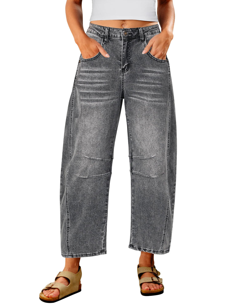 Utyful Barrel Jeans Women Cropped Baggy Trendy High Waisted Distressed Loose Stretch Denim Trouser Jeans with Pockets