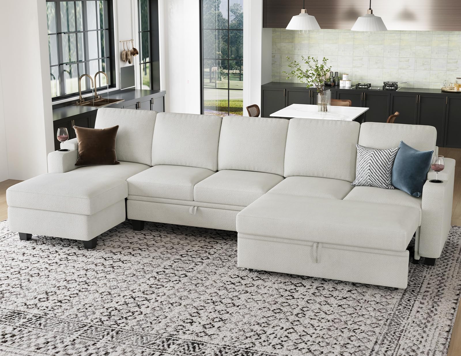 Belffin Modular Sectional Sleeper Sofa Bed with Storage Chaise L Shaped Sectional Couches for Living Room Armrest with Cup Holder. White Couch