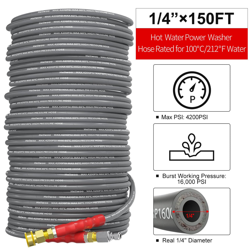 Pressure Washer Hose 25FT, 4200PSI High Tensile Wire Braid Kink Resistant Power Washer Extension Hose, 1/4'' Flexible Replacement Hose with M22-14mm Brass Swivel Thread and 3/8 Quick Connect