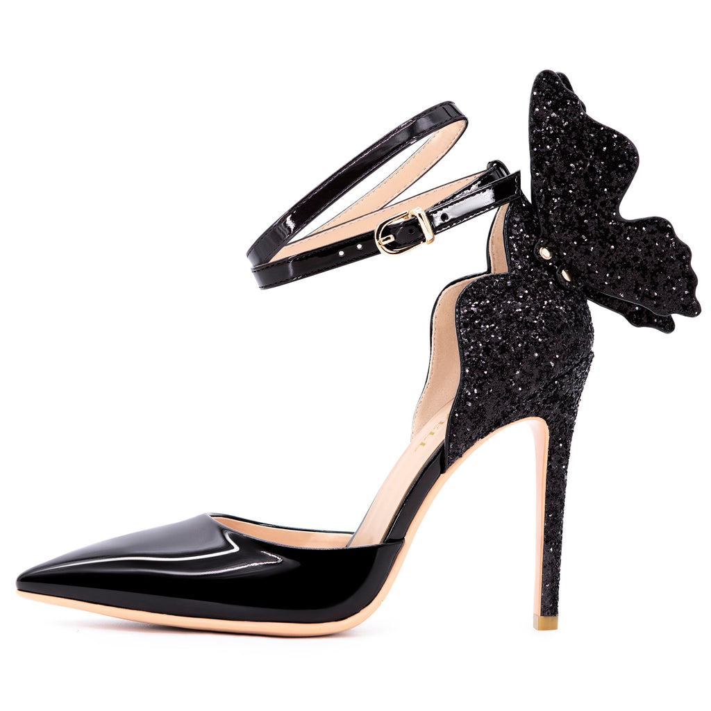 FINDVELL Gold High Heels Butterfly Back Sexy Stiletto Pumps Closed Toe Sparkly Ankle Strap Heels Sandals Dress Shoes for Women