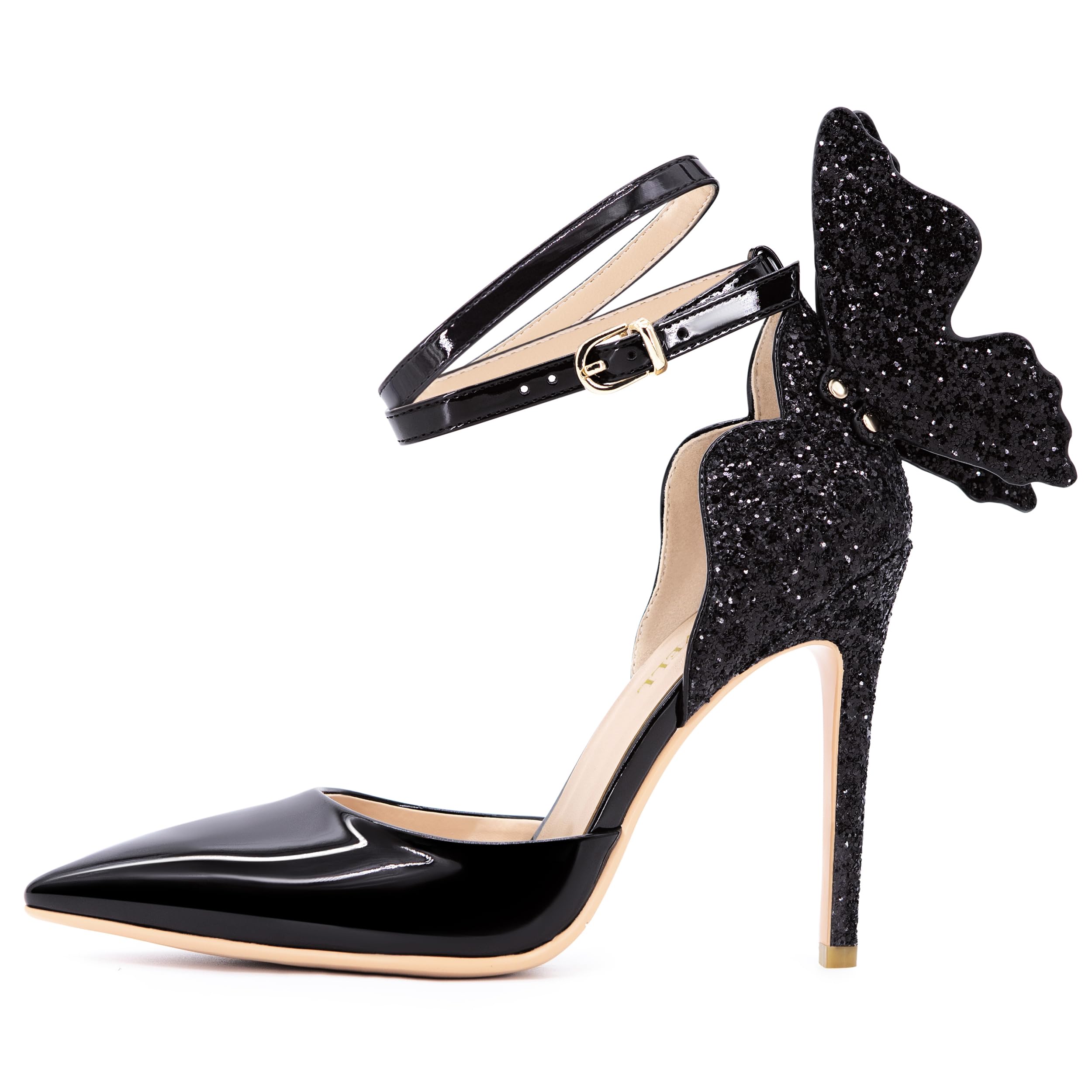 FINDVELL Gold High Heels Butterfly Back Sexy Stiletto Pumps Closed Toe Sparkly Ankle Strap Heels Sandals Dress Shoes for Women