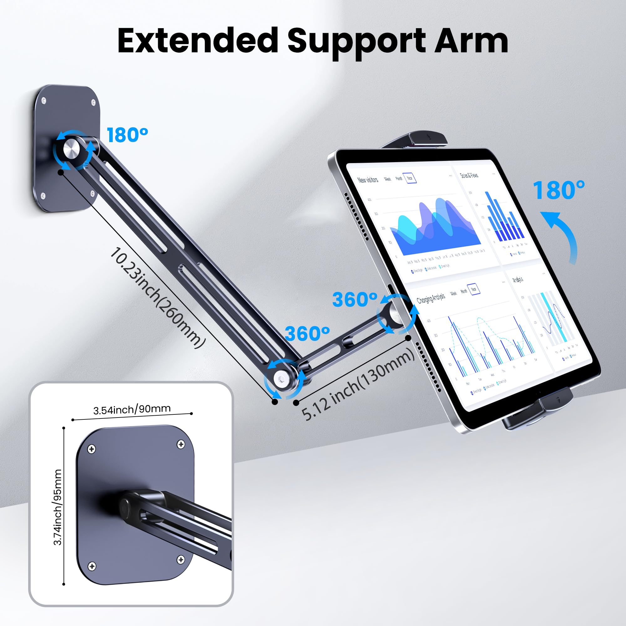 Tablet Wall Mount, Aluminum iPad Wall Mount Holder, 360° Rotation Adjustable Wall Holder Compatible with iPad Pro, Mini, Galaxy Tab, Surface Pro, Kindle, All 4.7-13" Tablets and Phones