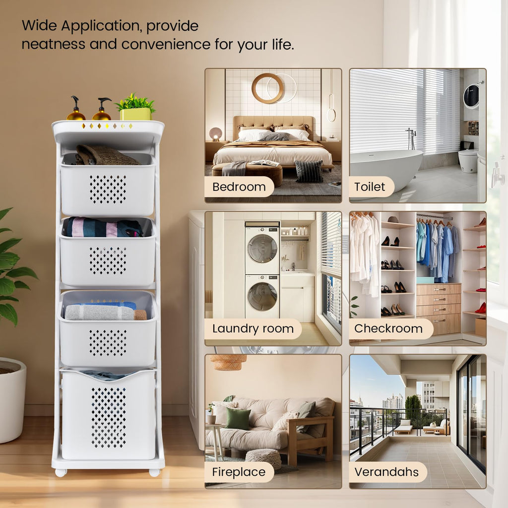BAOKALER Rolling Laundry Hamper Cart with Wheels, 3 Tier White Laundry Baskets, Clothes Hamper with Portable Storage Baskets for Kitchens, Bathrooms, Bedrooms, Classrooms, Laundry Rooms(75L)