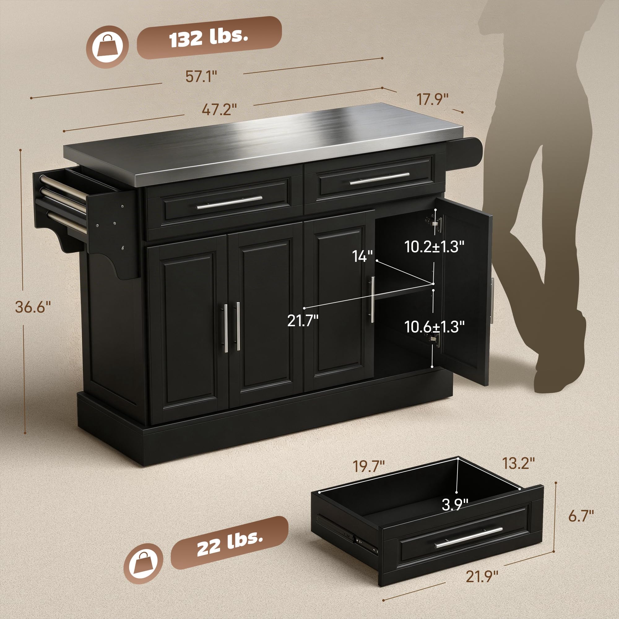 HOMCOM Rolling Kitchen Island Cart with 47" Stainless Steel Top, Portable Island Table for Kitchen with Wheels, Adjustable Shelves, 2 Drawers, Spice, Knife and Towel Rack, Black