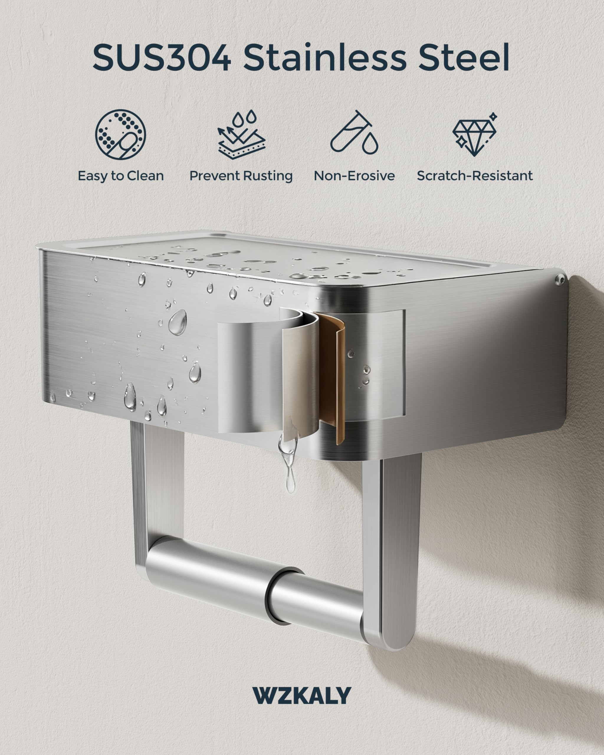 Toilet Paper Holder with Shelf, Wipes Holder for Bathroom, Flushable Wipes Dispenser, Stainless Steel Toilet Paper Roll Holder with Storage for Wet Wipes Wall Mounted (Gold, Regular Roll)