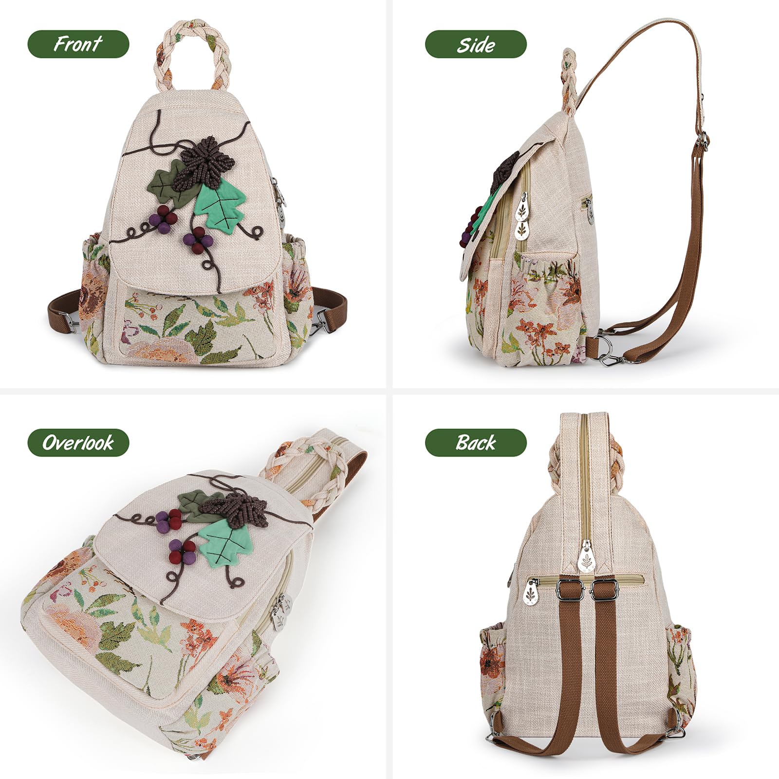 Ladys Convertible Sling Bag, Hand Craft Artisan Purse, Girls Beautiful Canvas Premium Casual Day Mini Backpack for Women (Flower Bee)