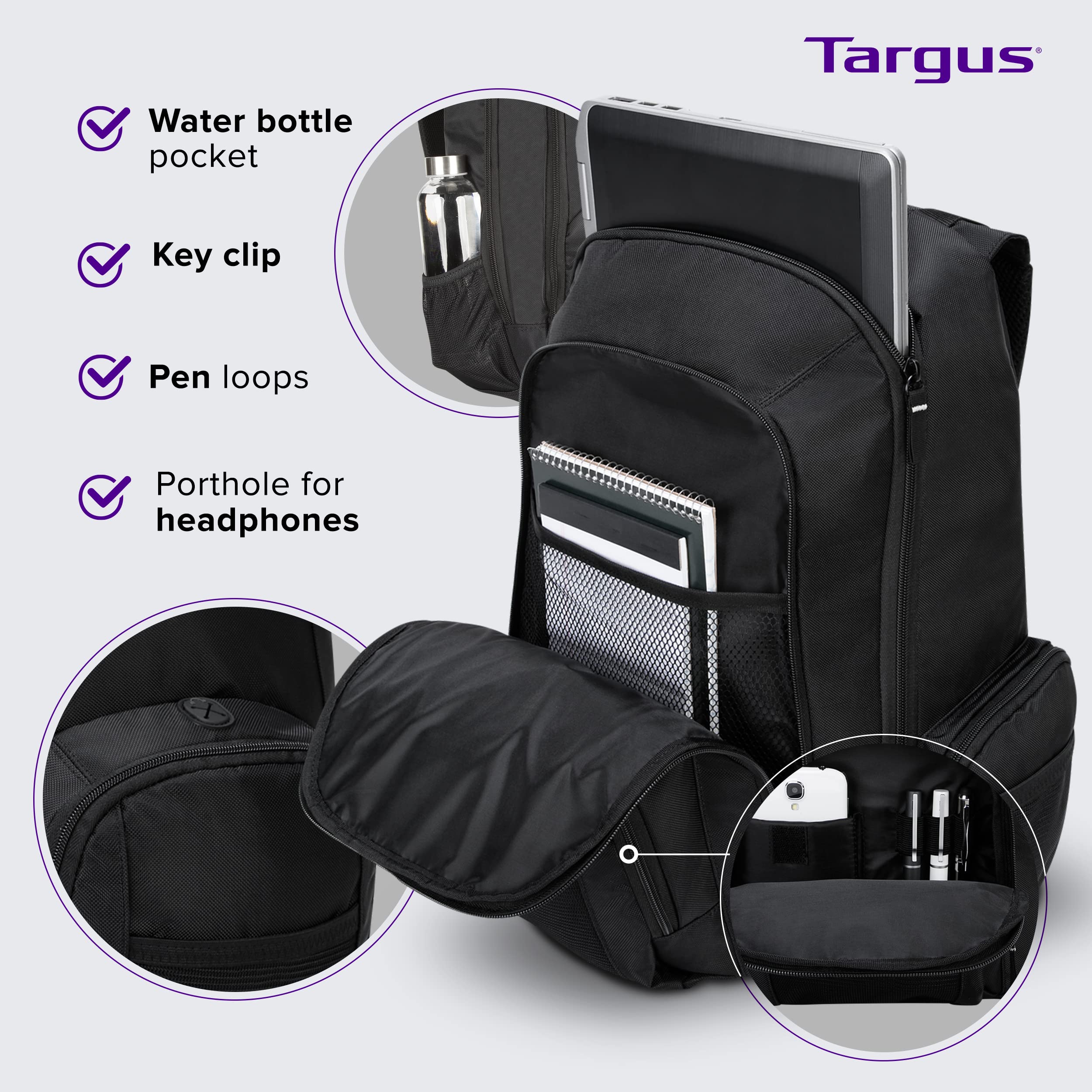 Targus 16 Inch Groove Laptop Backpack, Black - Fits Most Laptops up to 16", Water Resistant Travel Backpack for Business Commuters and Travel (CVR600)