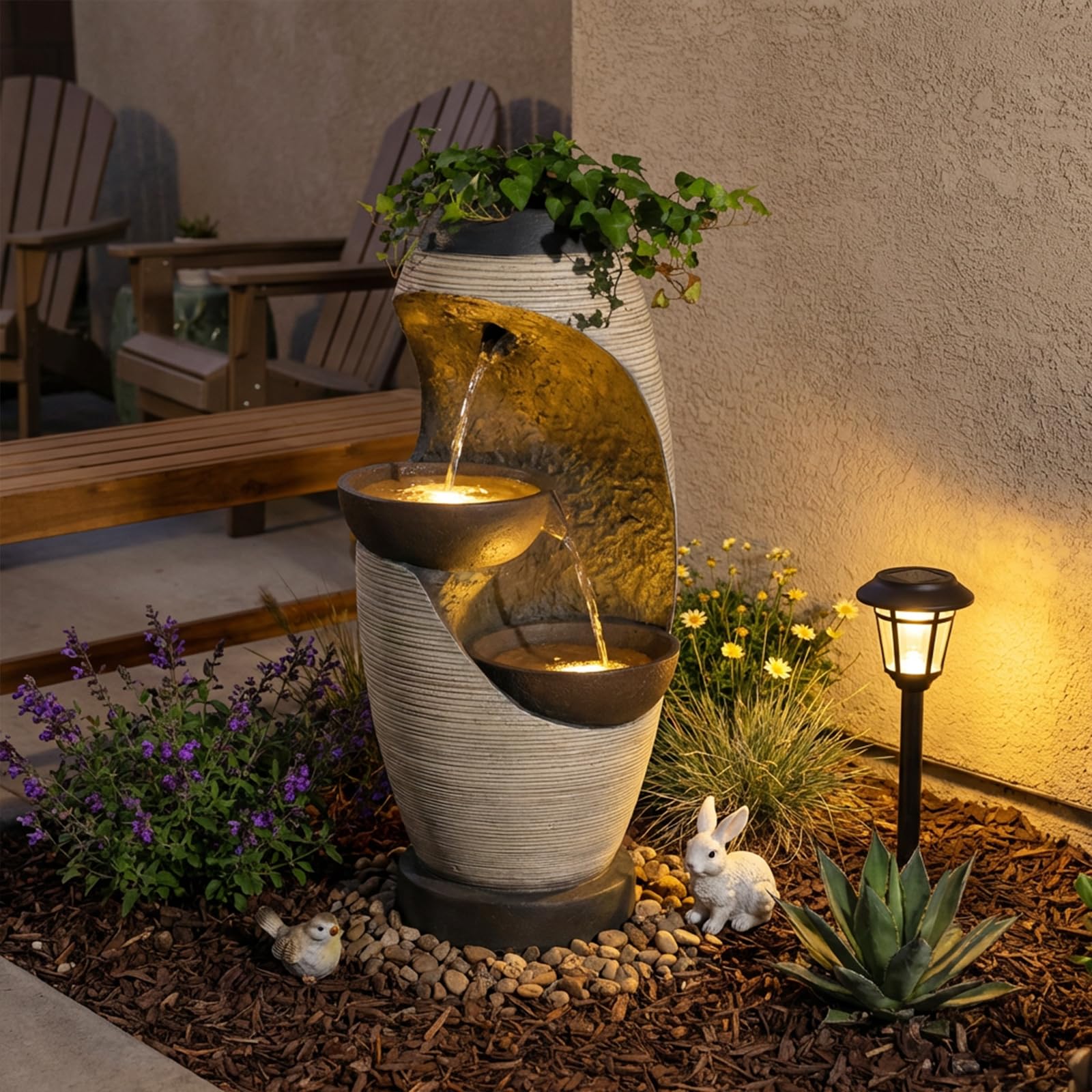 Bumilgar 2-Tier Bowl Water Fountain with LED Lights, 27.95" Tall Freestanding Outdoor & Indoor Garden Waterfall Fountain for Yard, Patio, Backyard, Floor Standing Home Decor