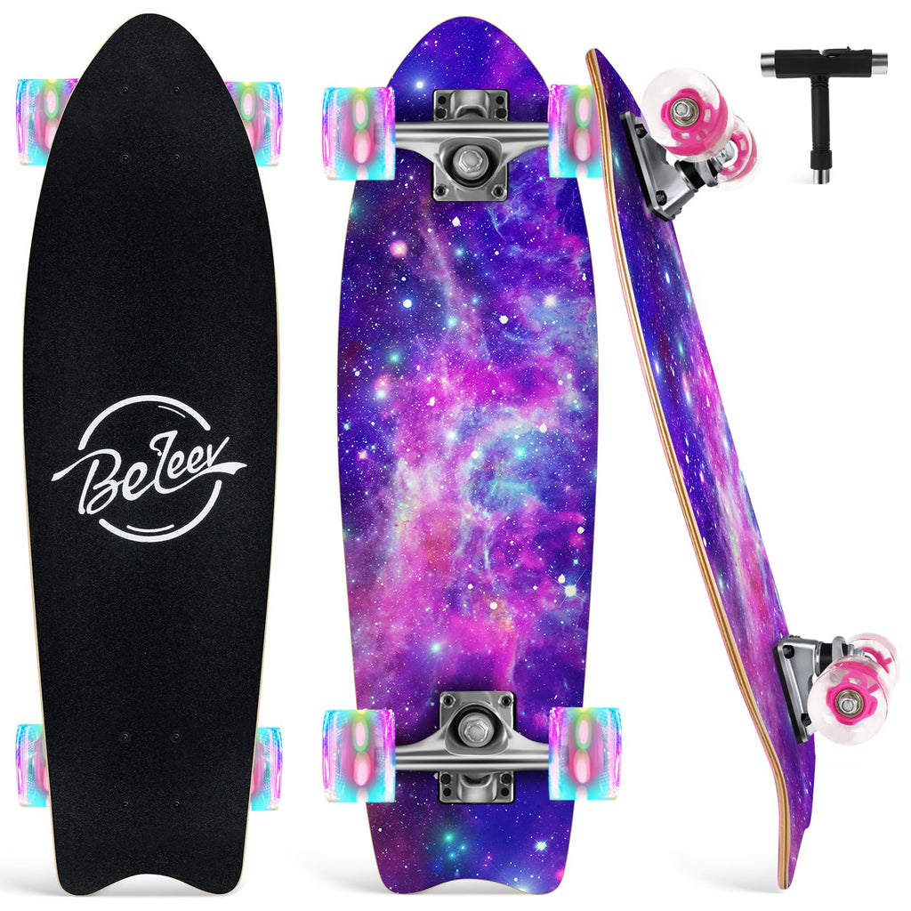 BELEEV Cruiser Skateboards for Beginners, 27 x 8 inch Complete Skateboard for Kids Teens Adults, 7 Ply Canadian Maple Double Kick Deck Concave Skateboard with Skate T-Tool