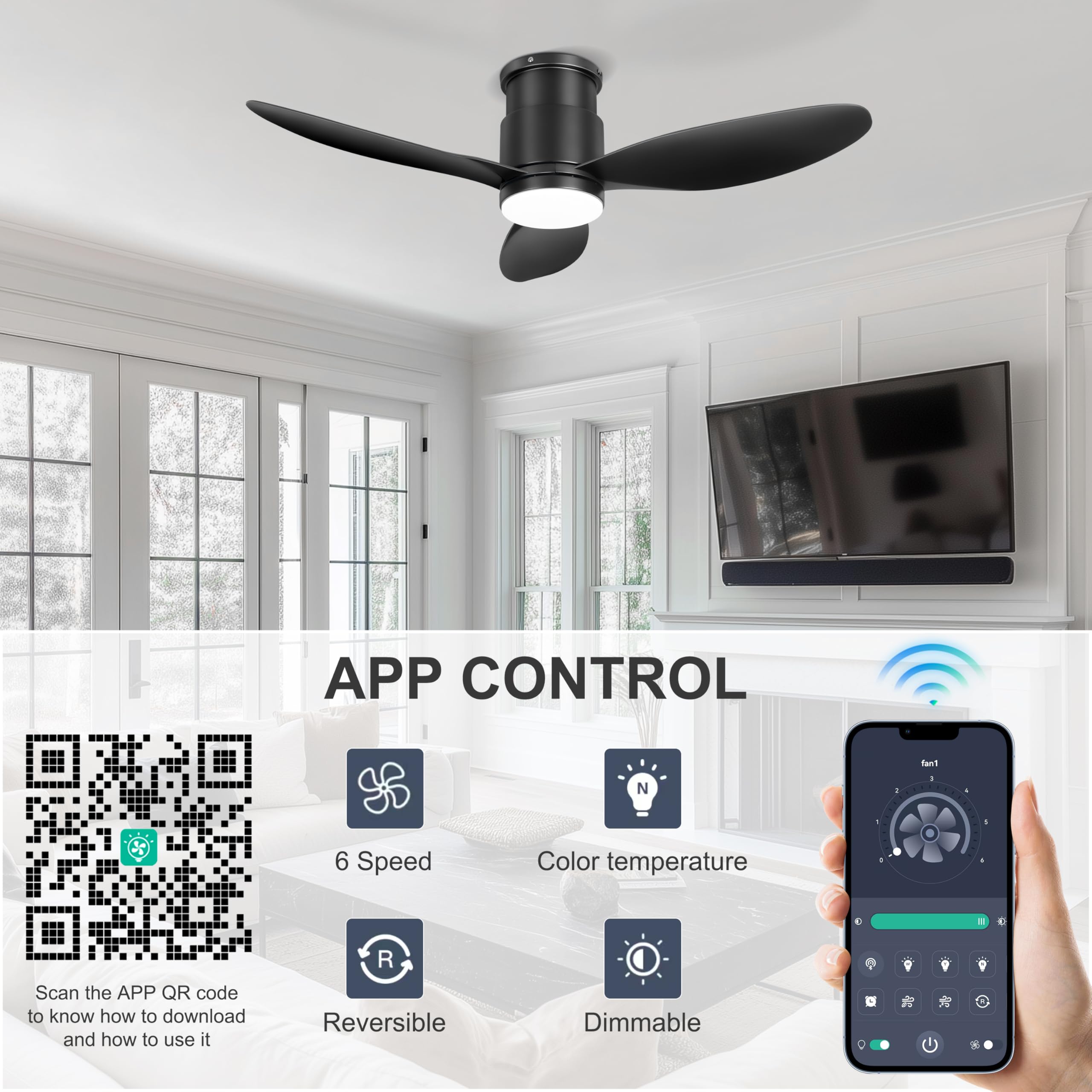 Ohniyou 42'' Flush Mount Ceiling Fans with Lights, Remote/App Control, Dimmable, Quiet Indoor/Outdoor Ceiling Fan for Covered Patio, Bedroom, Kitchen, Black