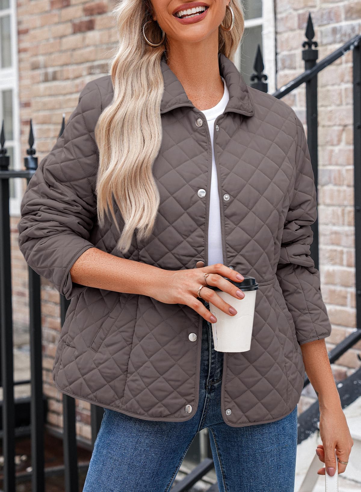 Dokotoo Women's Winter Quilted Jackets Long Sleeve Button Down Diamond Puffer Jacket Outerwear Coats with Pockets