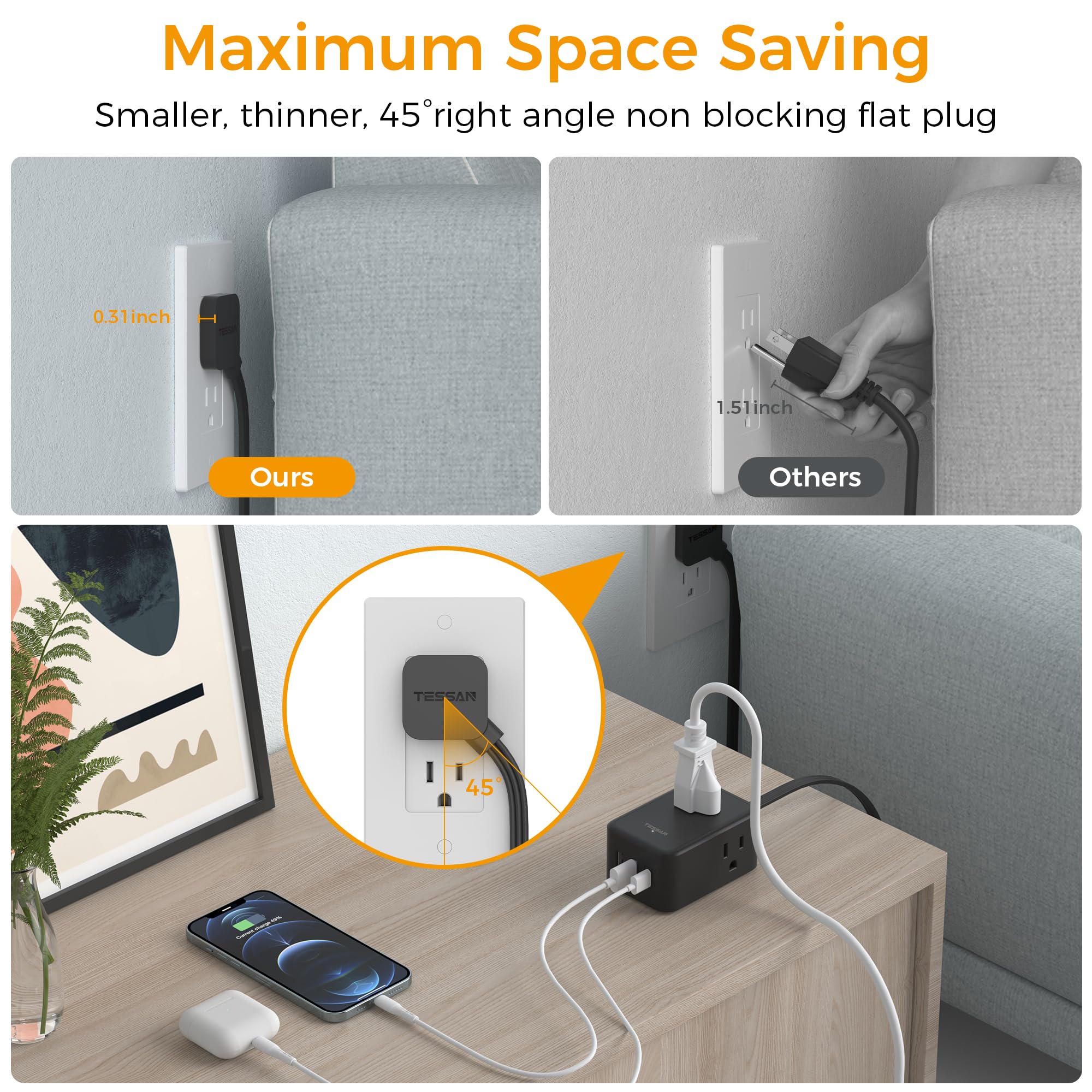 TESSAN Small Flat Plug Power Strip, Ultra Thin Extension Cord 5 ft, 3 AC Outlets with 3 USB Ports (1 USB C), Multiple Wall Outlet Extender for Cruise Travel Office School Dorm Room Essentials, Black