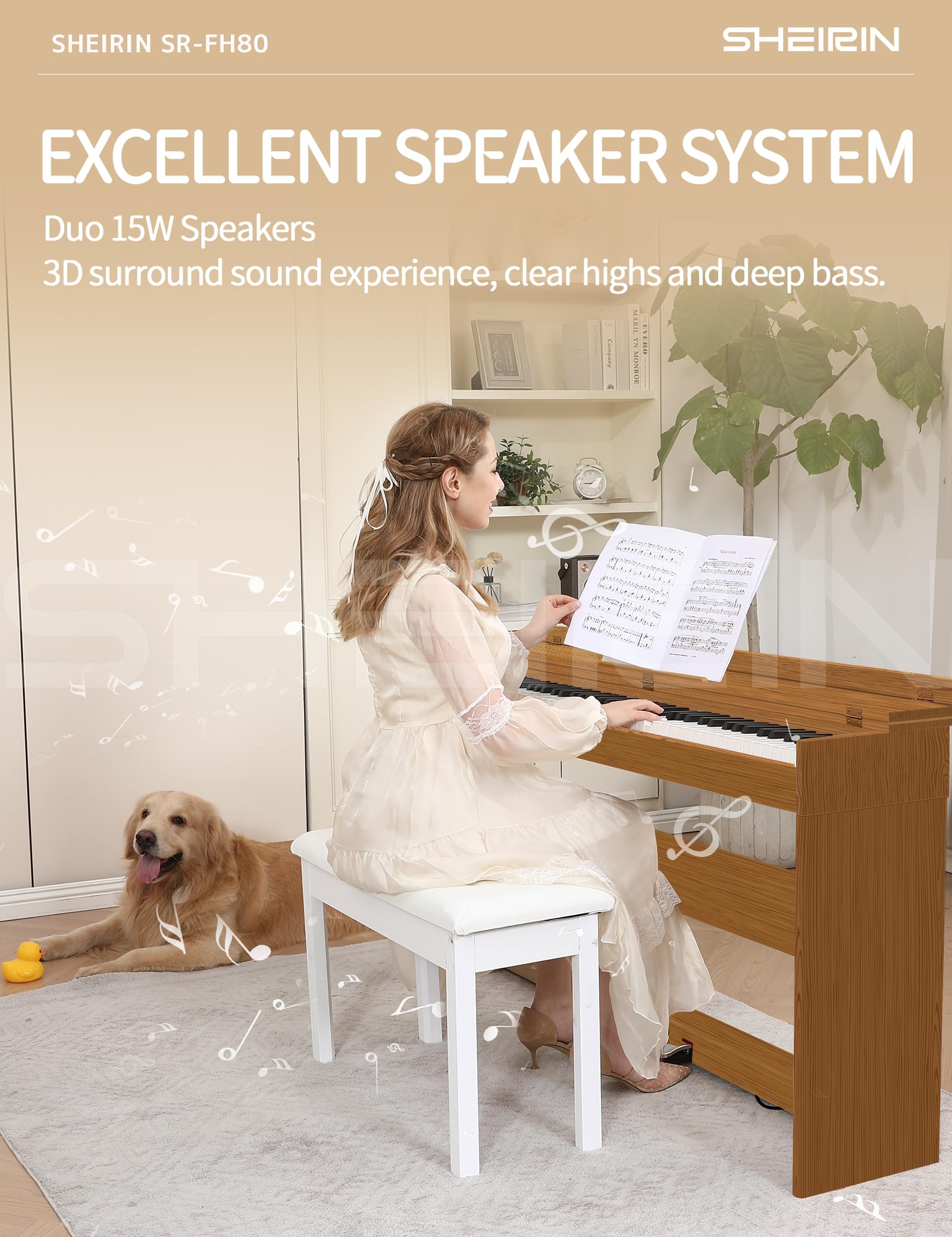 Digital Piano Hammer Action Keyboard 88 Keys Upright Acoustic Electric Weighted Piano Beginner MIDI Cover Full Size Sustain Pedal Stand Real Professional SR-FH80 (Beige Full Cover)