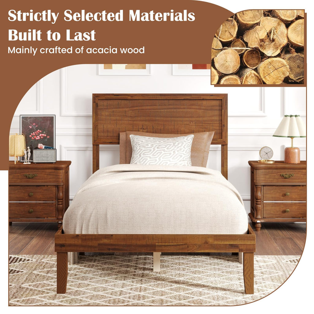 Giantex Wood Twin Bed Frames with Headboard, Solid Acacia Wood Platform Bed with 12 Strong Wooden Slat Support, Scandinavian Style Art Deco Twin Size Bed Frame, No Box Spring Needed, Rustic Brown