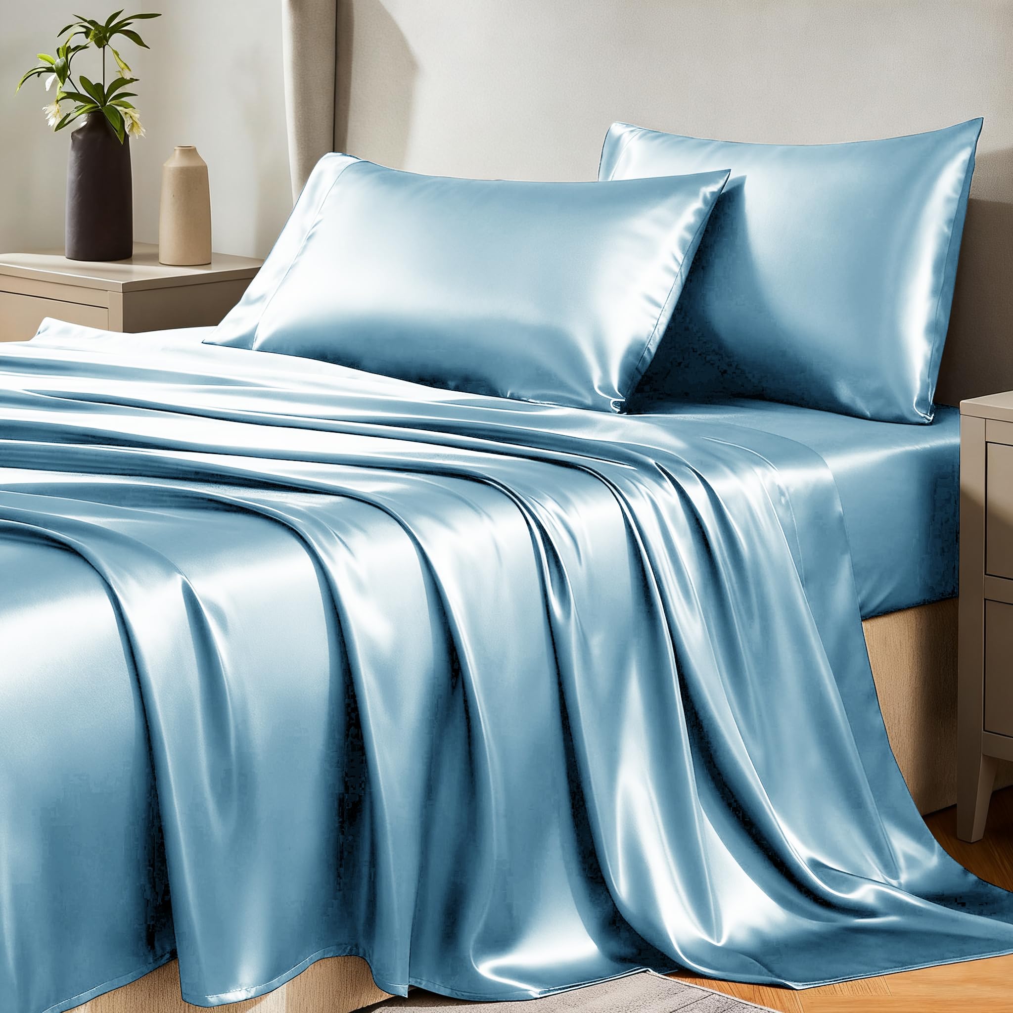 CozyLux Satin Sheets Twin Sheet Set - Silky Soft Bedding Similar to Silk, 3 Piece Sheets for Hair and Skin, Deep Pocket with All-Around Elastic, Home Decor for Bedroom, Black