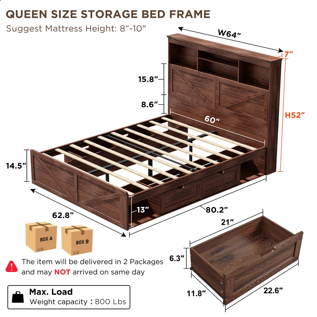 ACCOHOHO Queen Size Wood Bed Frame Farmhouse with 52" Tall Storage Bookcase Headboard, LED Light,Charging Station,4 Drawers and Solid Wood Slats Support,Noiseless,No Box Spring Needed - Black