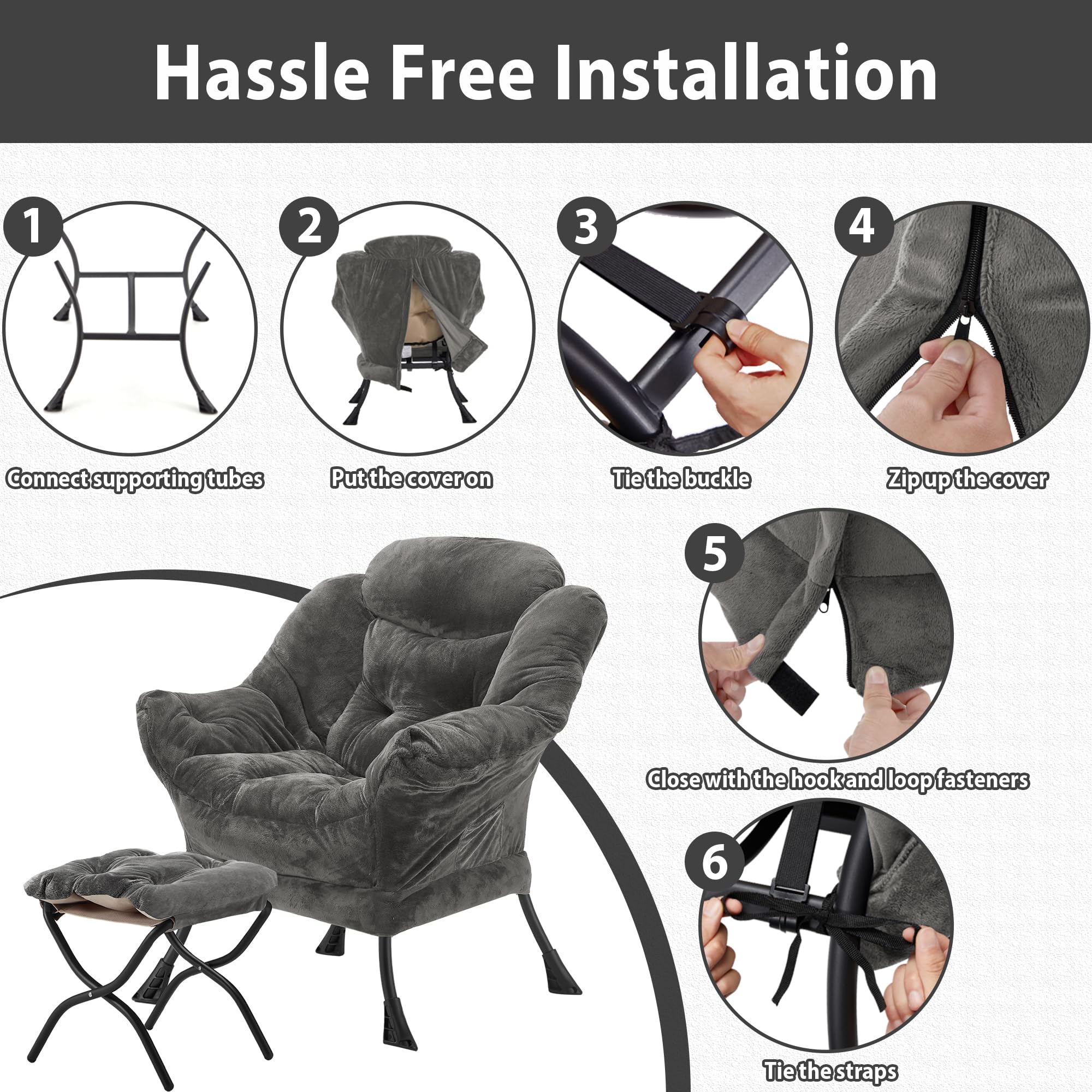 Youtanic Lazy Chair with Folding Ottoman, Accent Chair Velvet Upholstered with Metal Structure and Non-Slip Pads, Sofa Armchair with Footrest and Side Storage Bag for Dorm, Room, Office, Beige