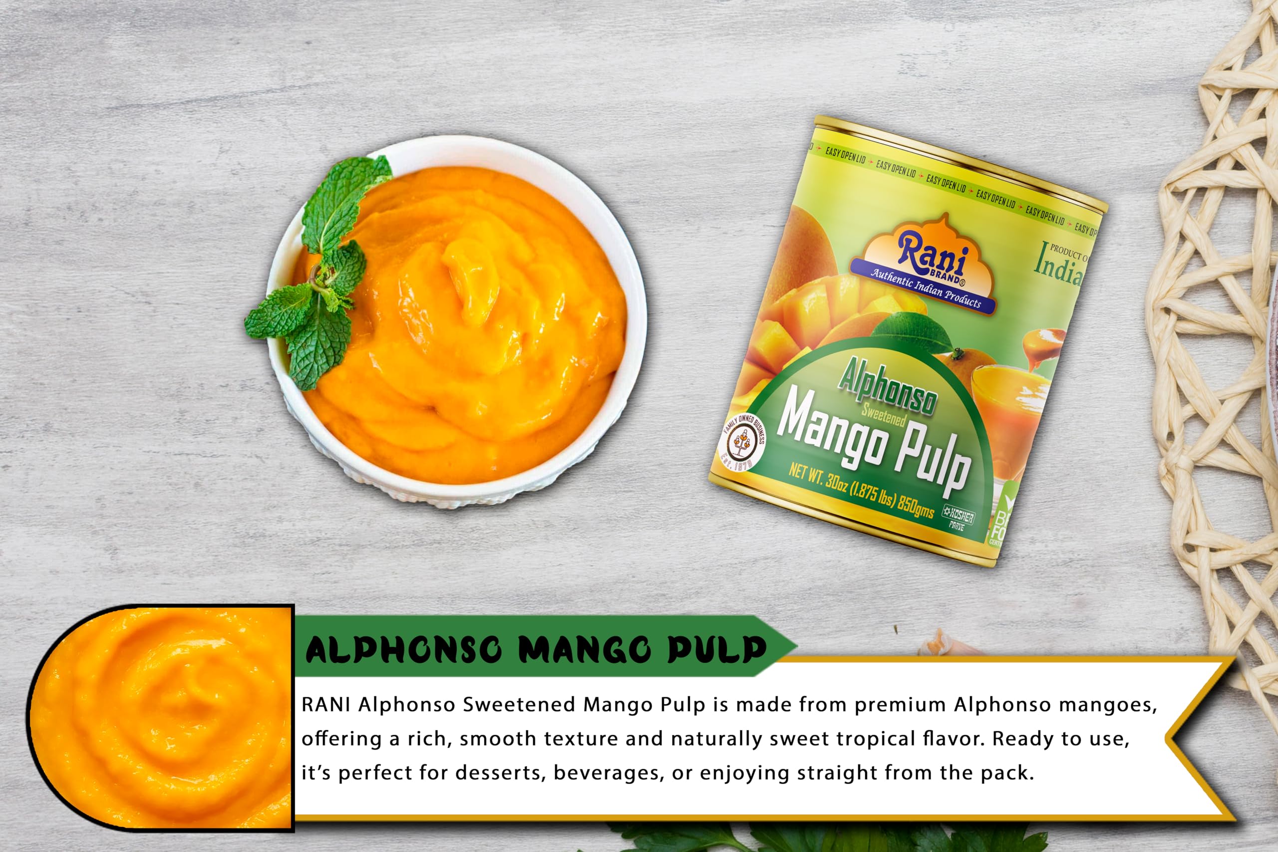 Rani Mango Pulp Puree (Makes Mango Lassi Shakes) Alphonso Sweetened 30oz (1.875lbs) 850g ~ Kosher | All Natural | NON-GMO | Vegan | No colors | Gluten Friendly | Indian Origin