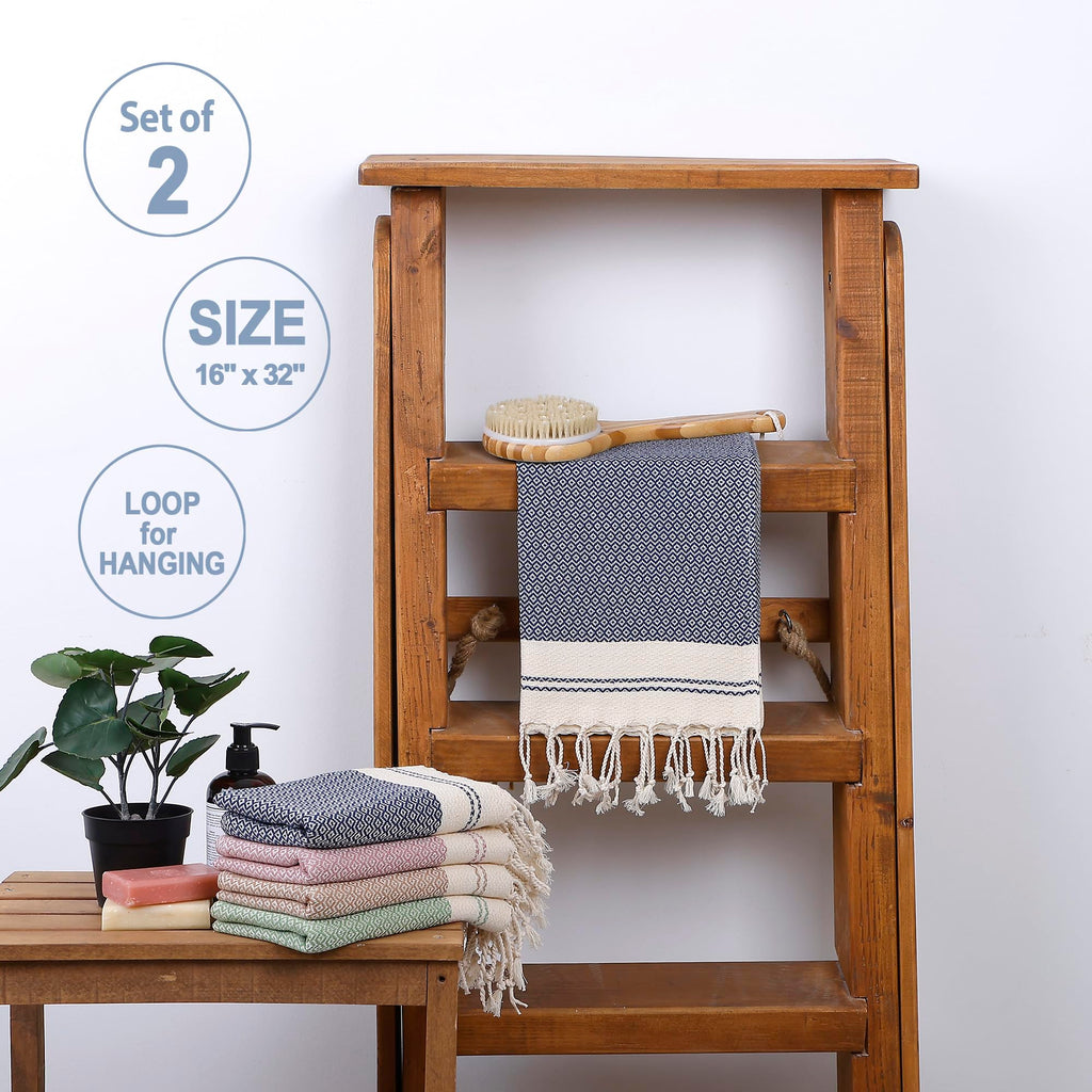 Evelynen Turkish Hand Towels for Bathroom & Kitchen Towels Decorative Set of 2 | Boho Farmhouse Hand Towels with Hanging Loops for Face, Tea, Dish, Kitchen & Bath | %100 Cotton (16" x 32" - Beige)