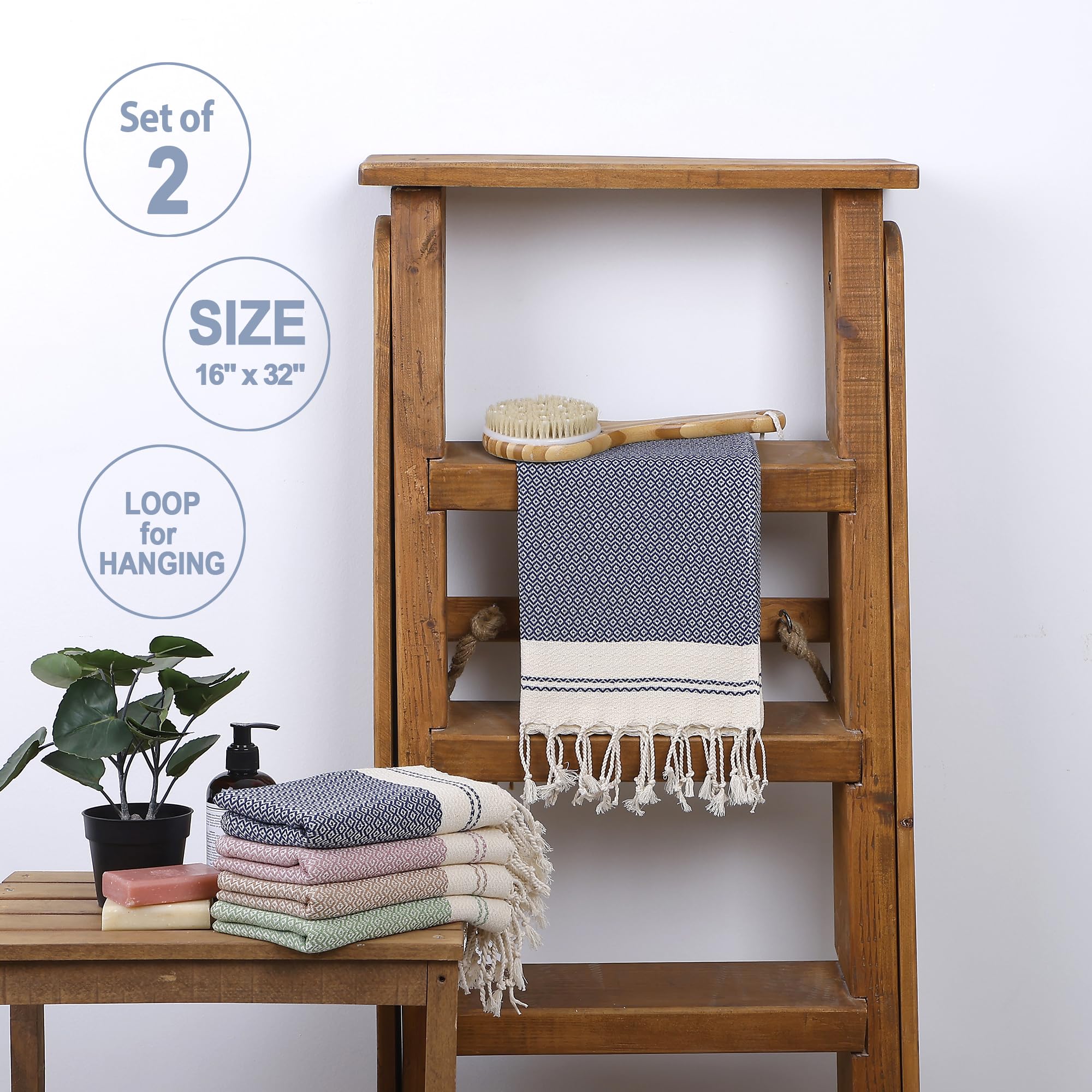 Evelynen Turkish Hand Towels for Bathroom & Kitchen Towels Decorative Set of 2 | Boho Farmhouse Hand Towels with Hanging Loops for Face, Tea, Dish, Kitchen & Bath | %100 Cotton (16" x 32" - Beige)