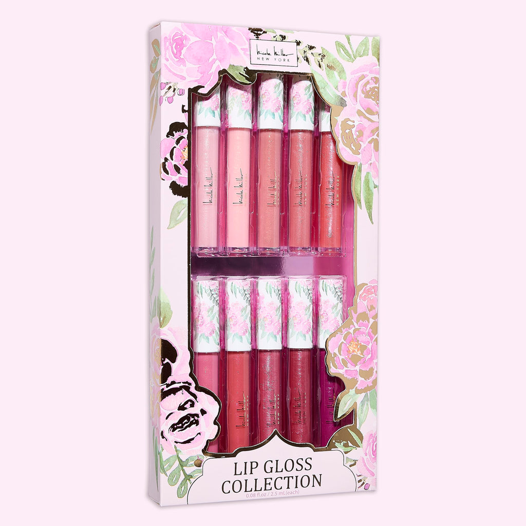 Nicole Miller Lip Gloss Collection Shimmery Glosses for Women and Girls Long Lasting Color Set with Rich Varied Colors, Flowery Pink, 10 Count (Pack of 1)