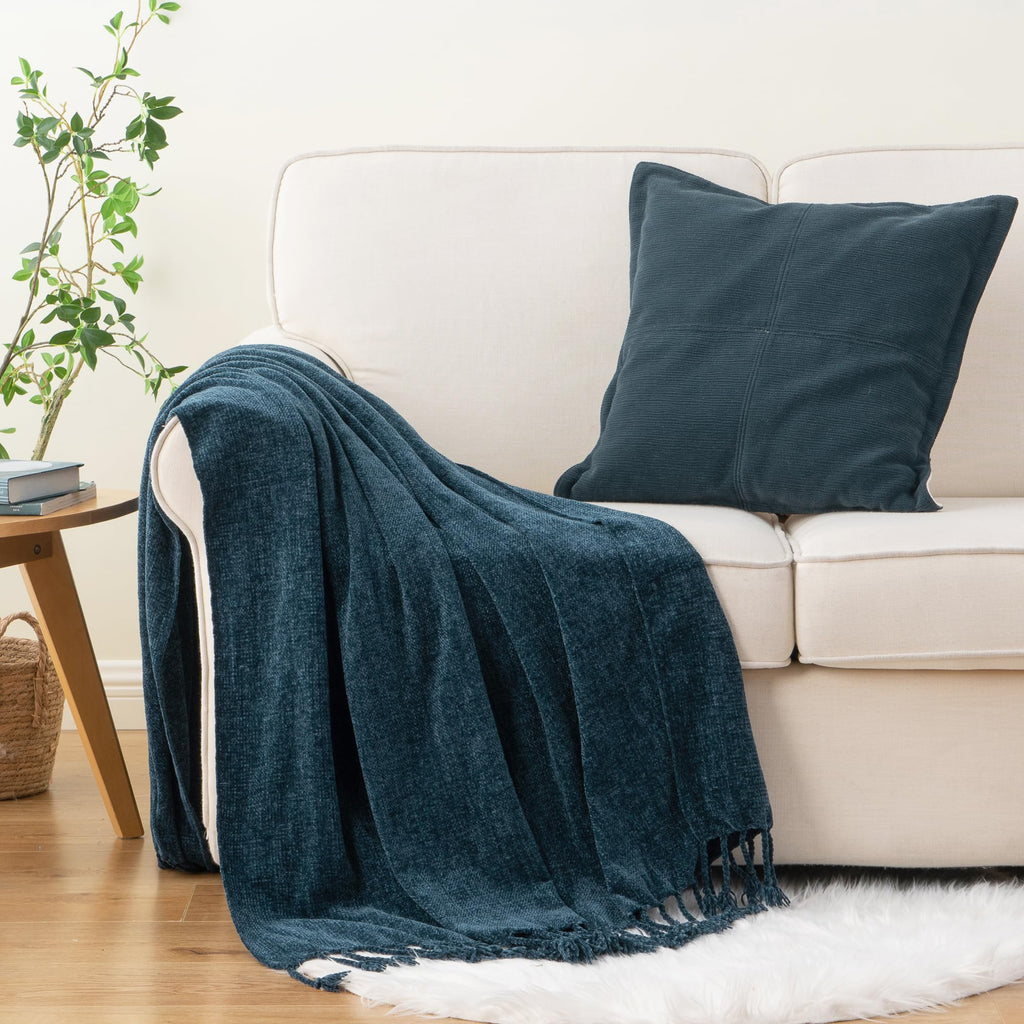 BATTILO HOME Beige Chenille Throw Blanket for Couch, Soft Cozy Textured Knit Throw Blanket with Handmade Fringe Tassels, Lightweight Decorative Farmhouse Blanket for Sofa Bed Chair, 50"x60"