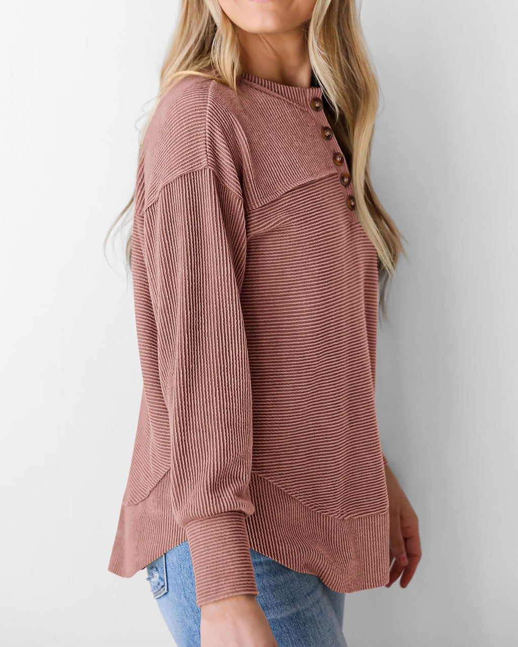 KIRUNDO Going Out Tops for Women Henley Shirts 2025 Casual Ribbed Knit Long Sleeve Tunic Summer Fall Button V Neck Blouse