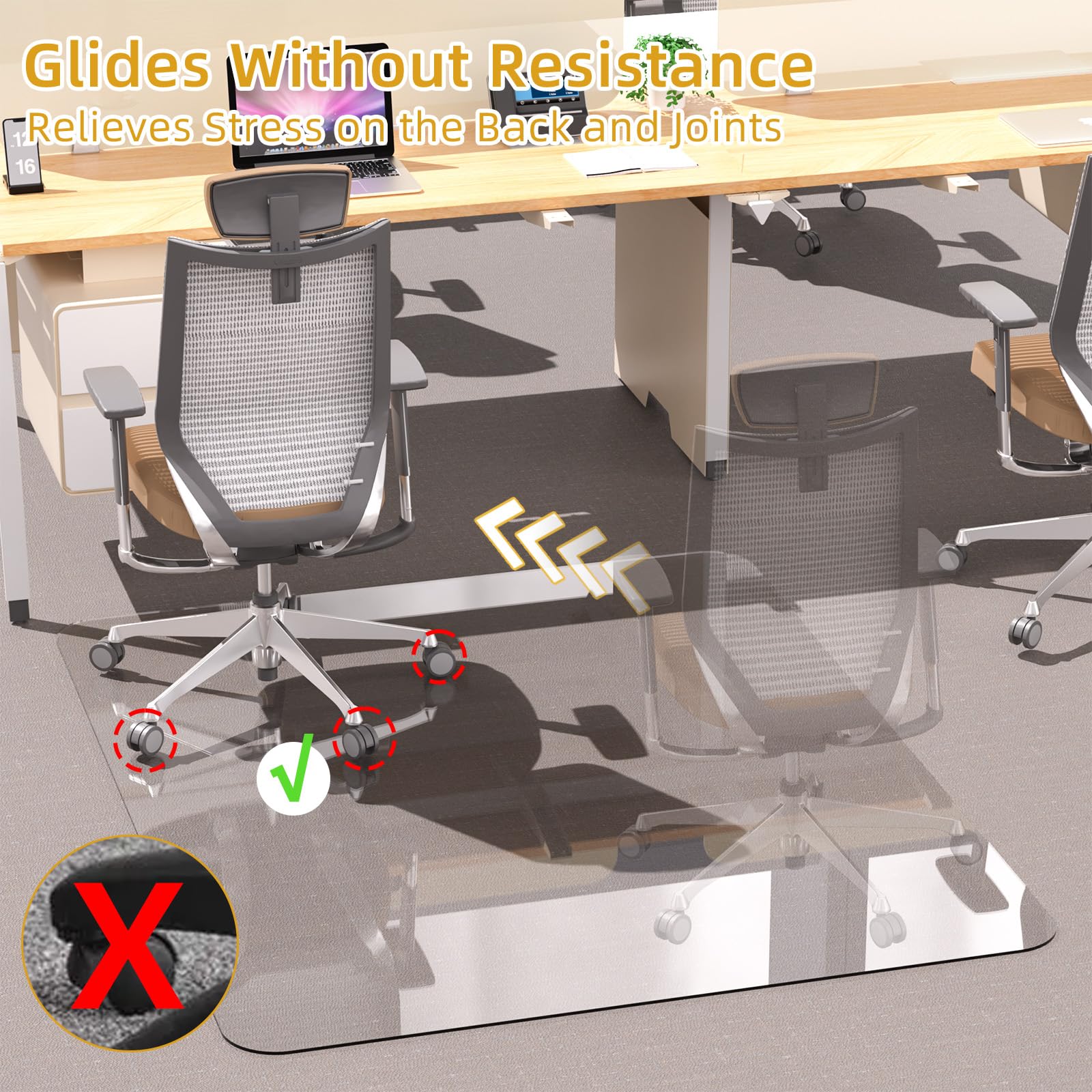 Tempered Glass Chair Mat 48" x 32",1/5" Thick for Office Desk,Rolling Chair Mat for Carpet, Odorless, Easy to Clean with 4 Non-Slip Pads for Carpet & Hardwood Floors