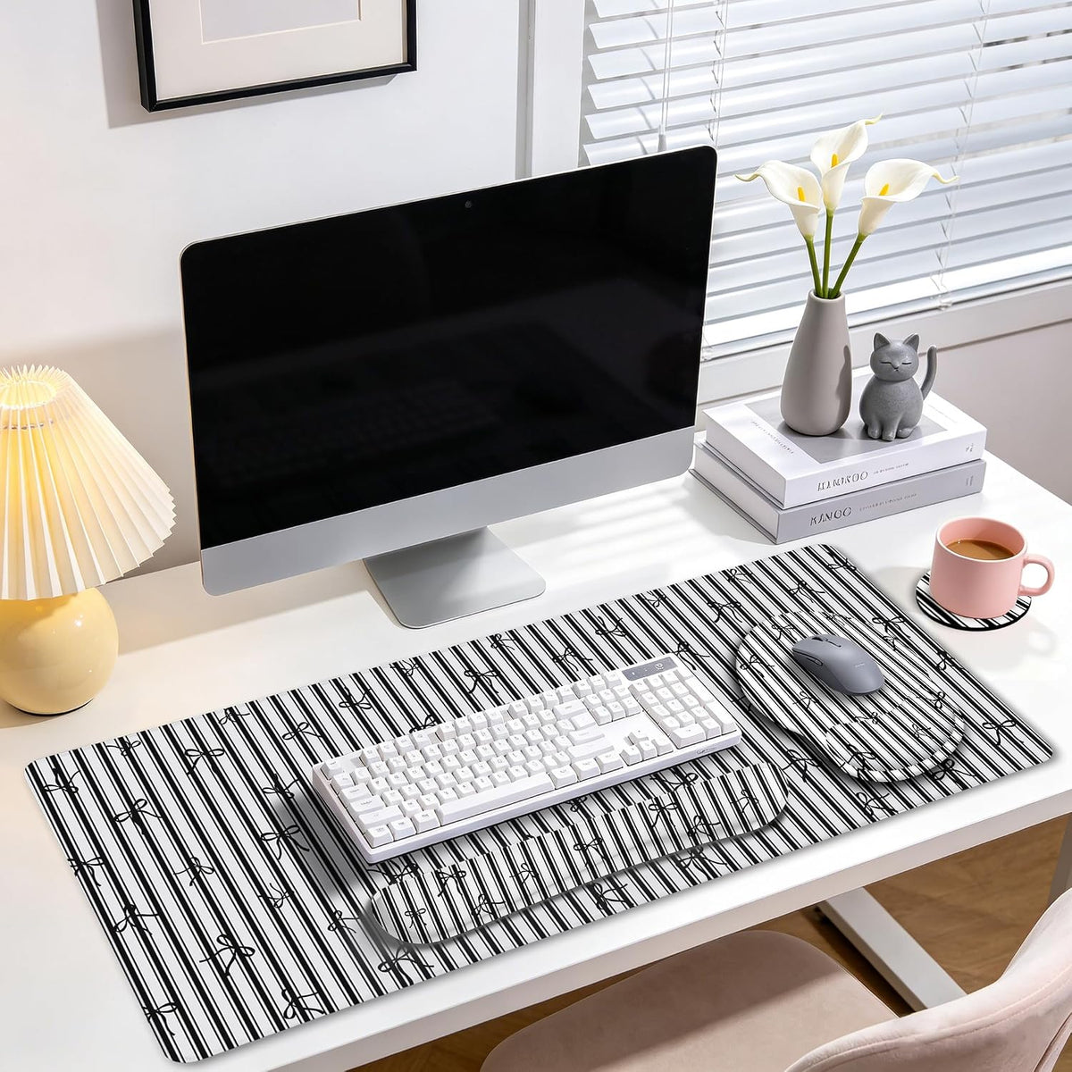 Black Striped Ergonomic Large Desk Mat Set with Wrist Rest