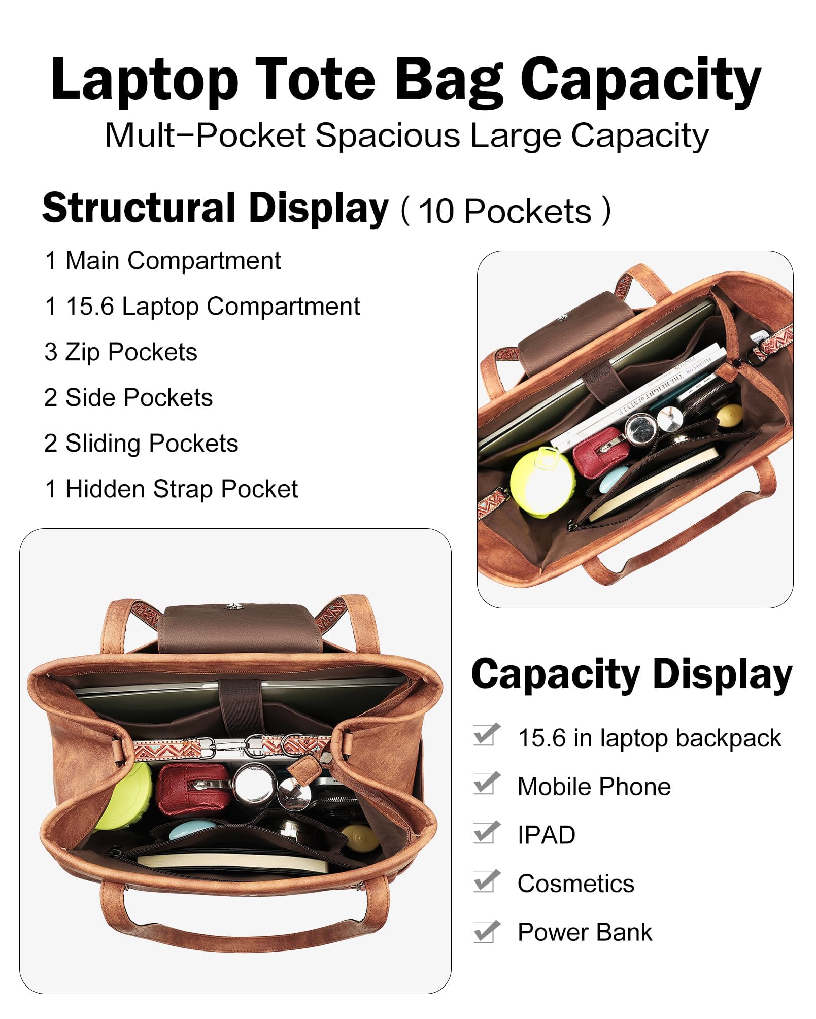 FADEON Large Laptop Tote Bag for Women Designer Leather Laptop Bag Fashion Travel Backpack Purse Shoulder Handbag