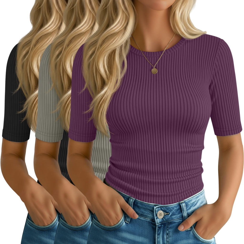 Riyiper 3 Pack Women's Elbow Length Tops, Half Sleeve Ribbed Cotton T Shirt Crew Neck Summer Tee Slim Fit Casual Blouses