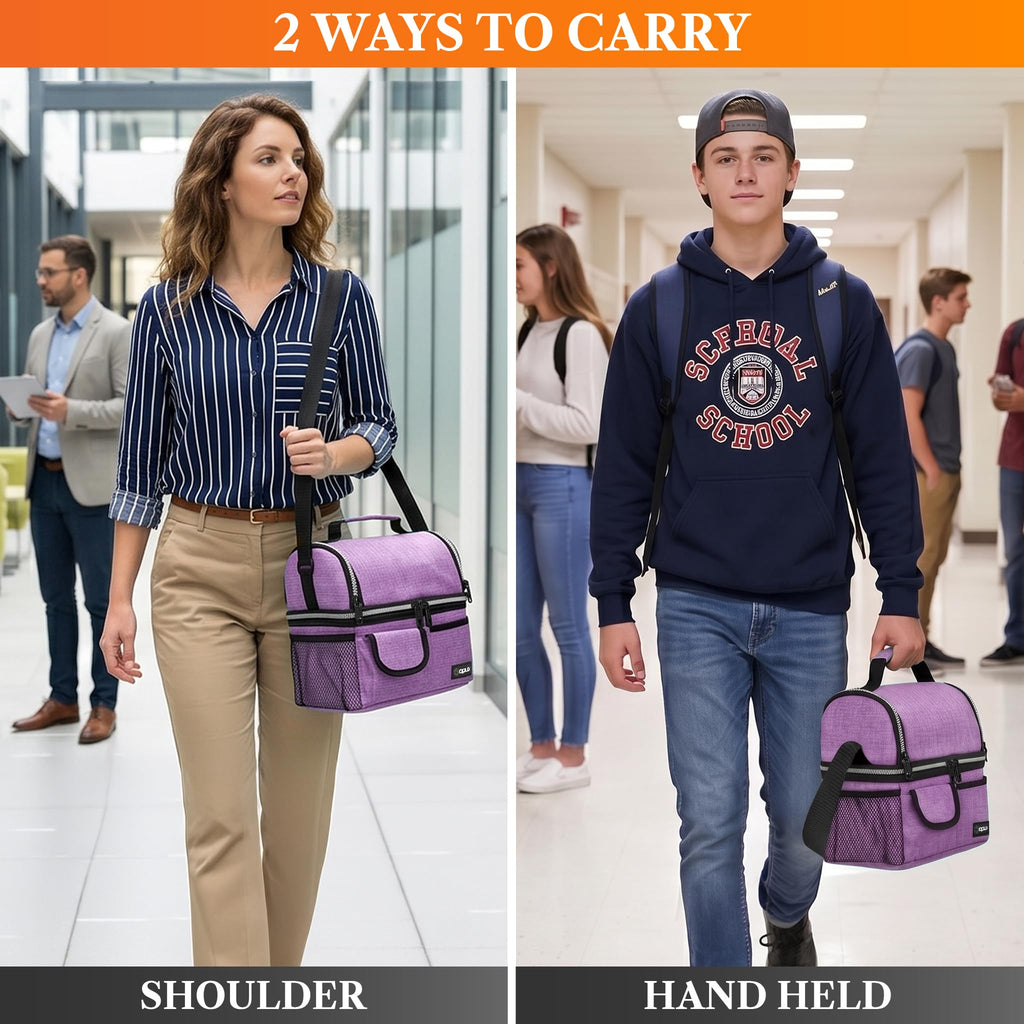 opux Insulated Lunch Bag Women Men, Dual Compartment Leakproof Lunch Box Adults Kids, Double Decker Meal Prep Bento Lunch Cooler Tote with Shoulder Strap for Work Office School Travel, Black