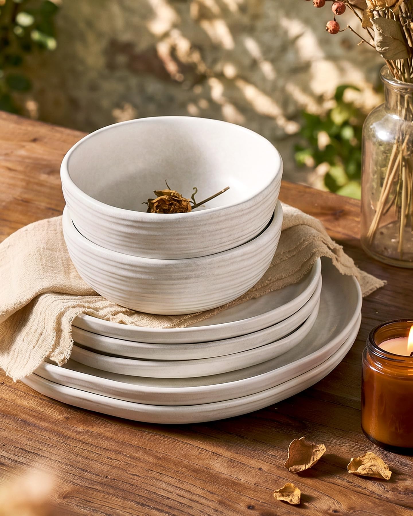 Famiware Pluto Stoneware Dinnerware Sets, 12-Piece Double Reactive Glaze Plates and Bowls Sets, Dishware Sets for Everyday & Formal Dining, Irregular Edge Dishes, Service for 4, Matte Beige White