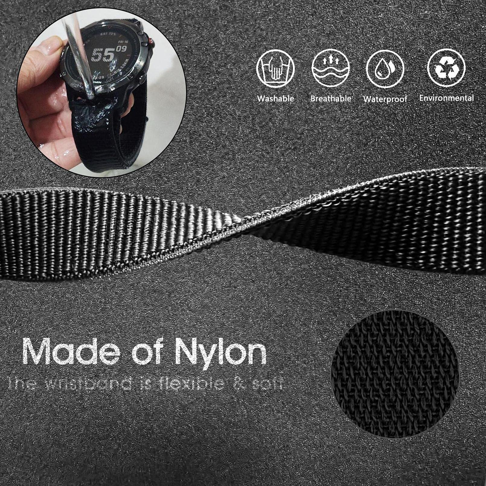 Abanen Hook and Loop Quick Dry Watch Band for Fenix 8 47mm/ epix Pro 47mm / Fenix 7/6/5, 22mm Woven Nylon Ultralight Sport Wristband Strap for Garmin Instinct 2, Instinct 3 45mm