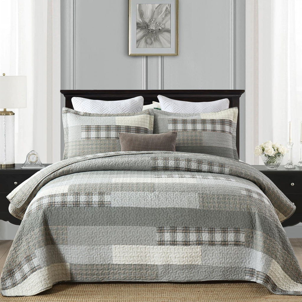 Y-PLWOMEN 100% Cotton Farmhouse Plaid Lightweight 3-Pieces Quilt Set (Blue Brown, Queen90 * 98 Inch)
