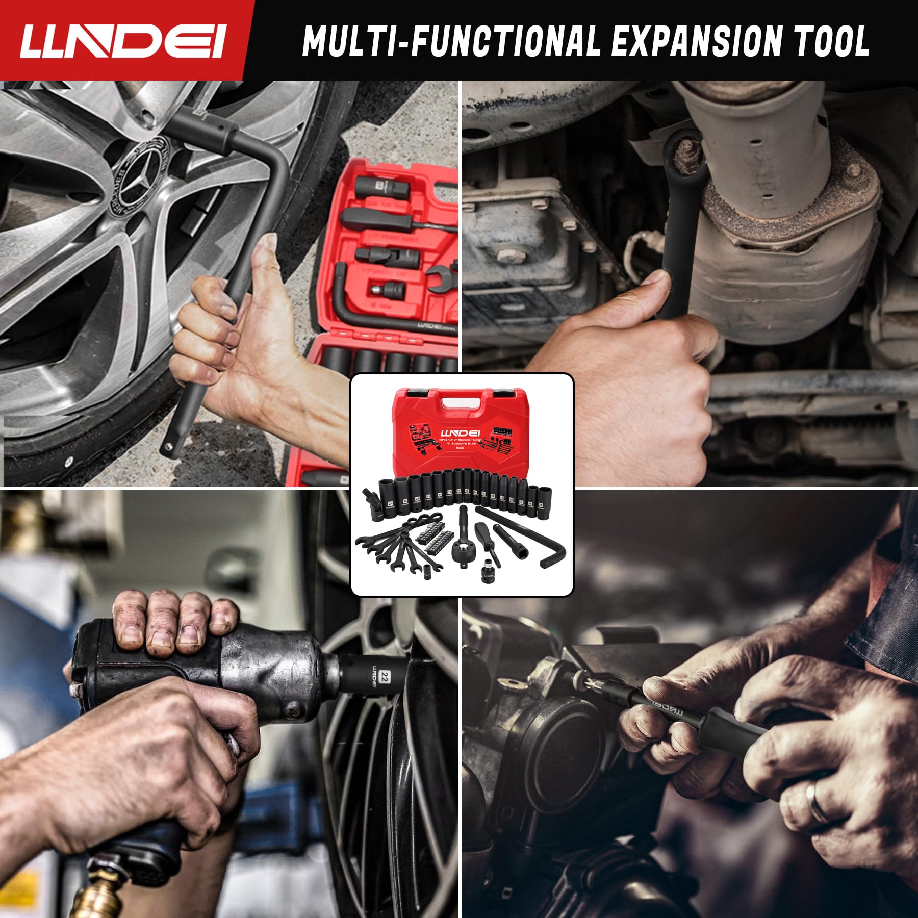 LLNDEI 1/2 inch Drive Deep Impact Socket Set, 37 Piece Standard SAE 3/8" to 1-1/4" | Metric 8 to 24mm, Includes Spark Plug Socket (16, 21mm), CR-MO Universal Joint, Extension Bars and Adapter