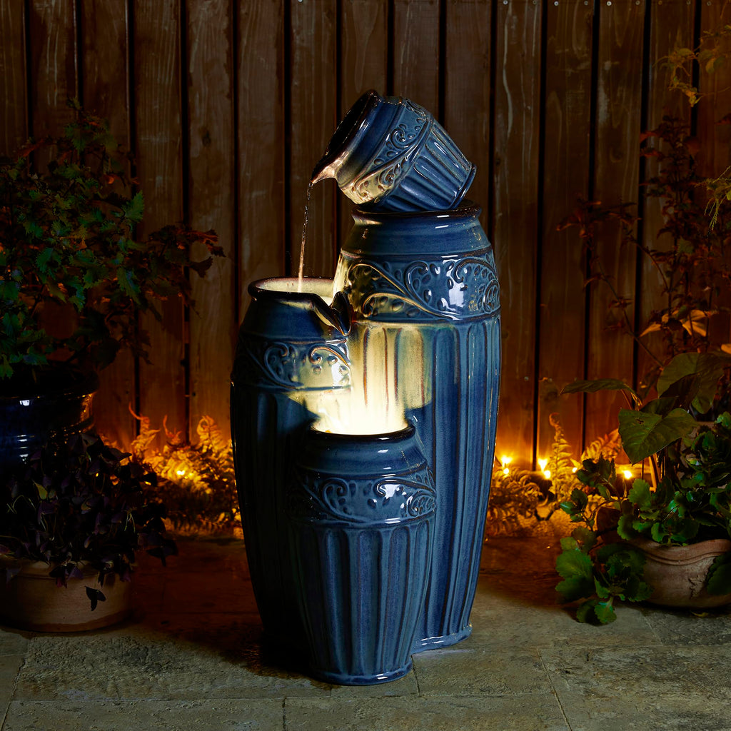 Glitzhome 27.25" H Outdoor Garden Water Fountain with LED Lights and Pump, 4 Tier Cobalt Blue Embossed Pattern Ceramic Pots Cascading Floor Standing Fountain for Porch Deck Patio Backyard Decoration