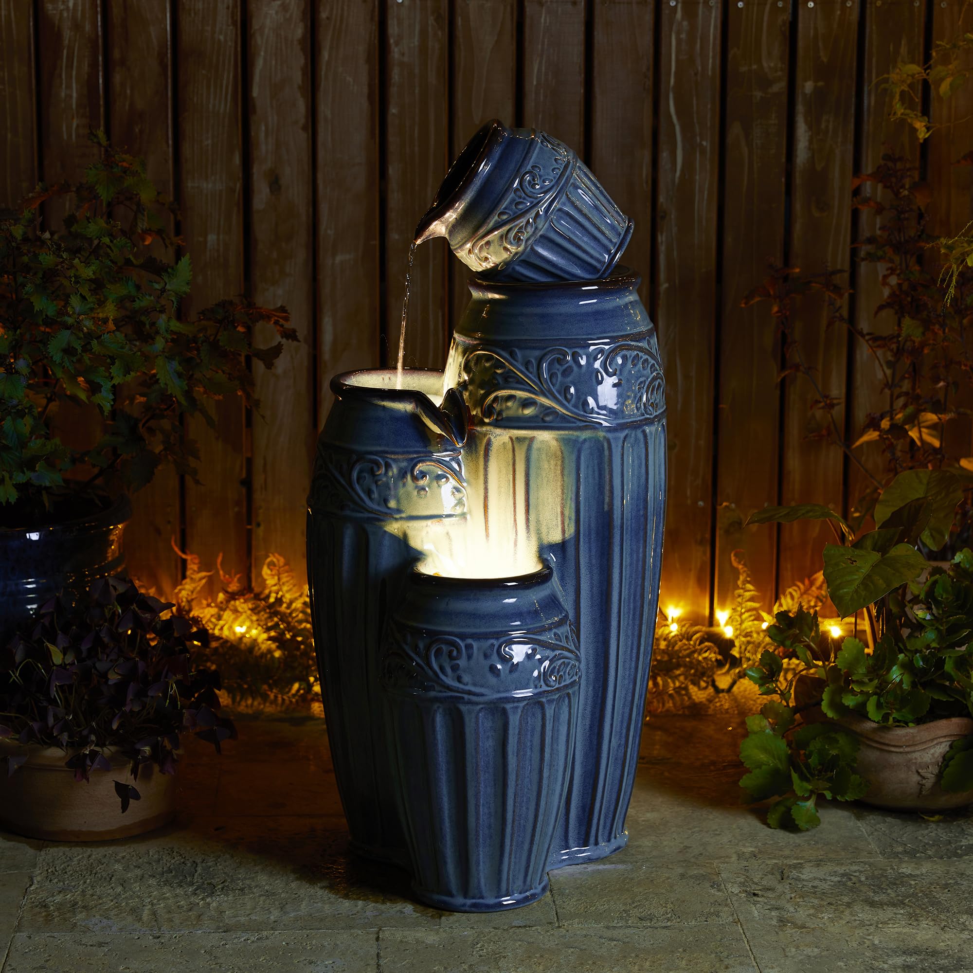 Glitzhome 27.25" H Outdoor Garden Water Fountain with LED Lights and Pump, 4 Tier Cobalt Blue Embossed Pattern Ceramic Pots Cascading Floor Standing Fountain for Porch Deck Patio Backyard Decoration