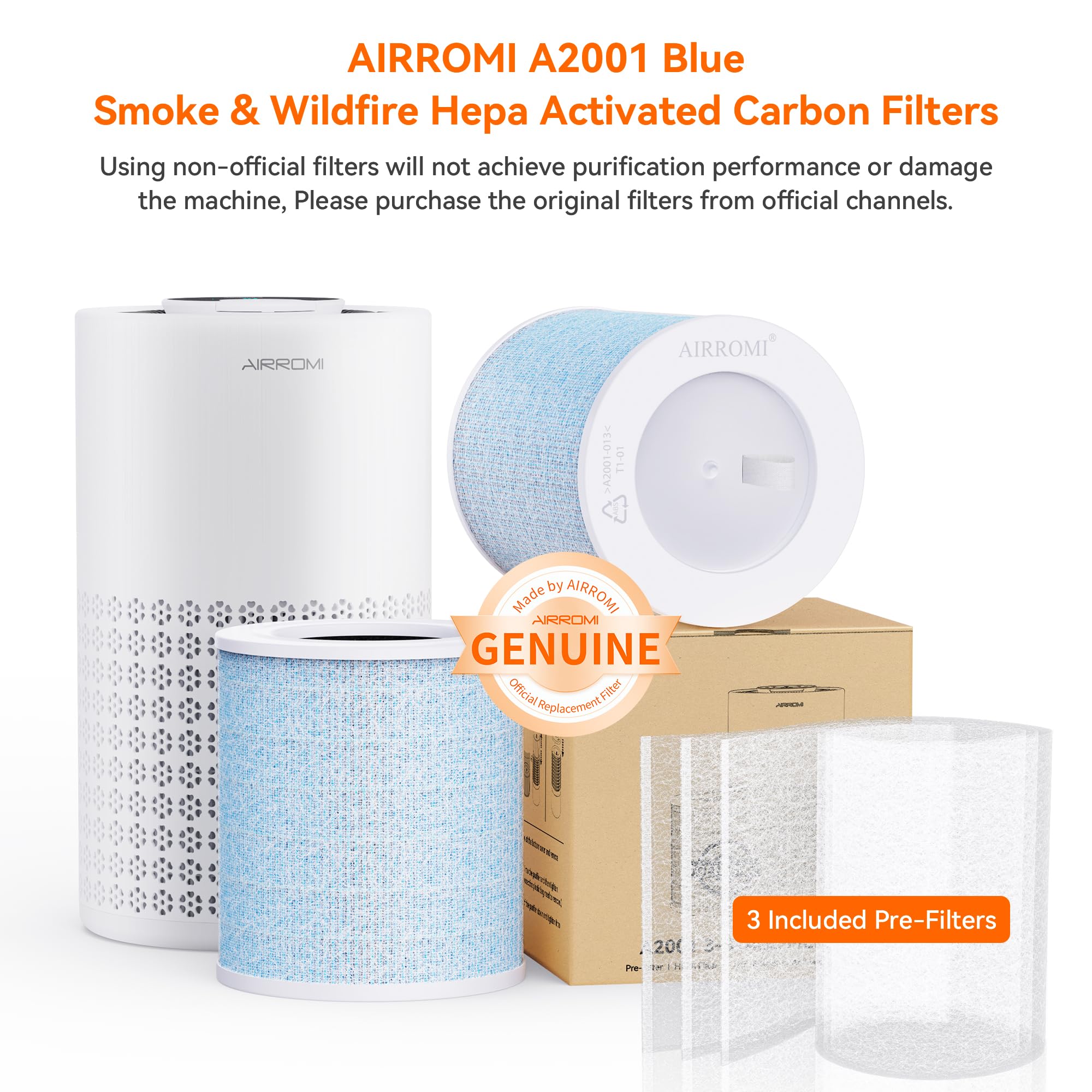 AIRROMI A2001 HEPA Air Purifier Replacement Filter, 3-In-1 Original Filter, Remove 99.97% of 0.3 Micron Particle 2 Pack White Activated Carbon