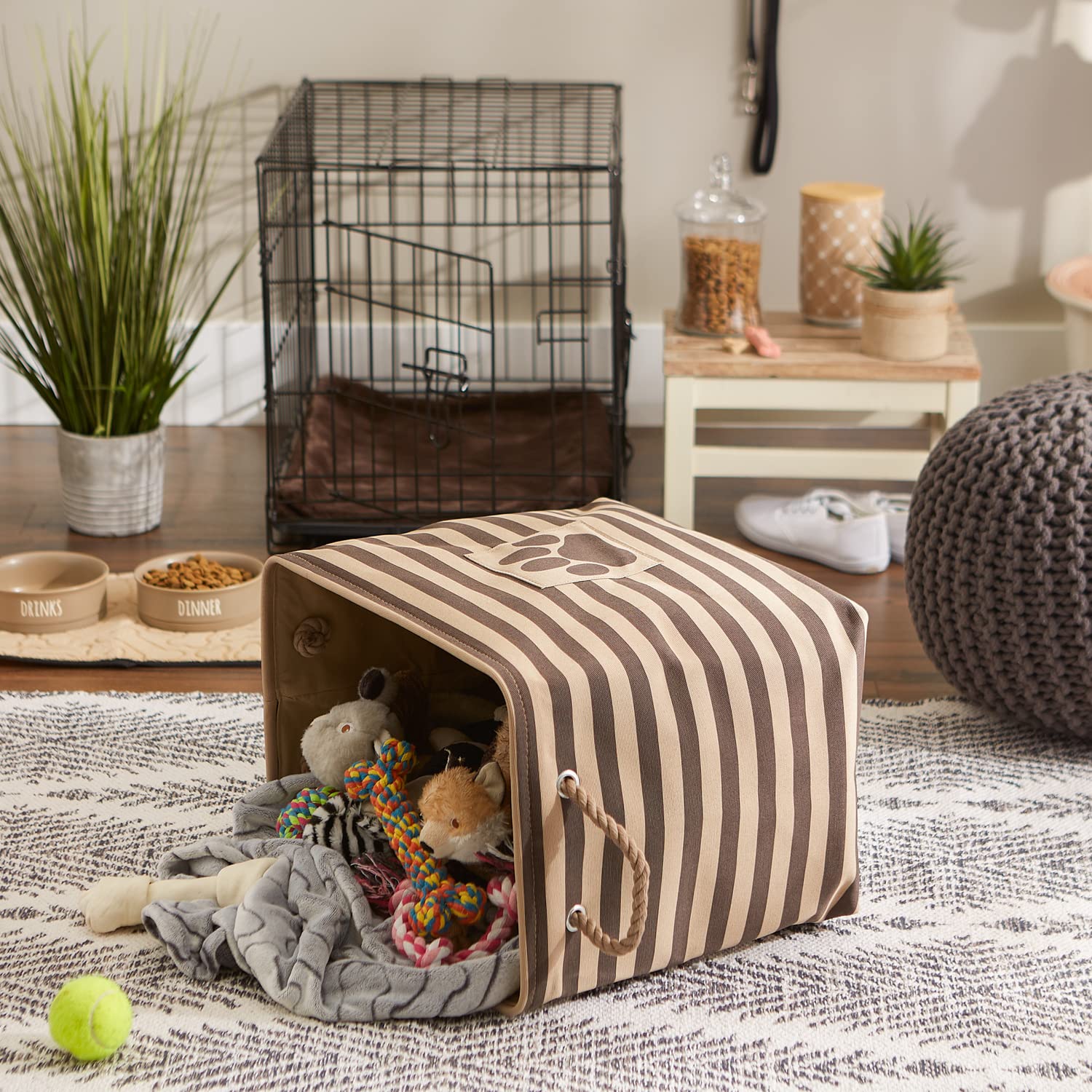 Bone Dry Pet Storage Collection Striped Paw Patch Bin, Aqua, Small Rectangle