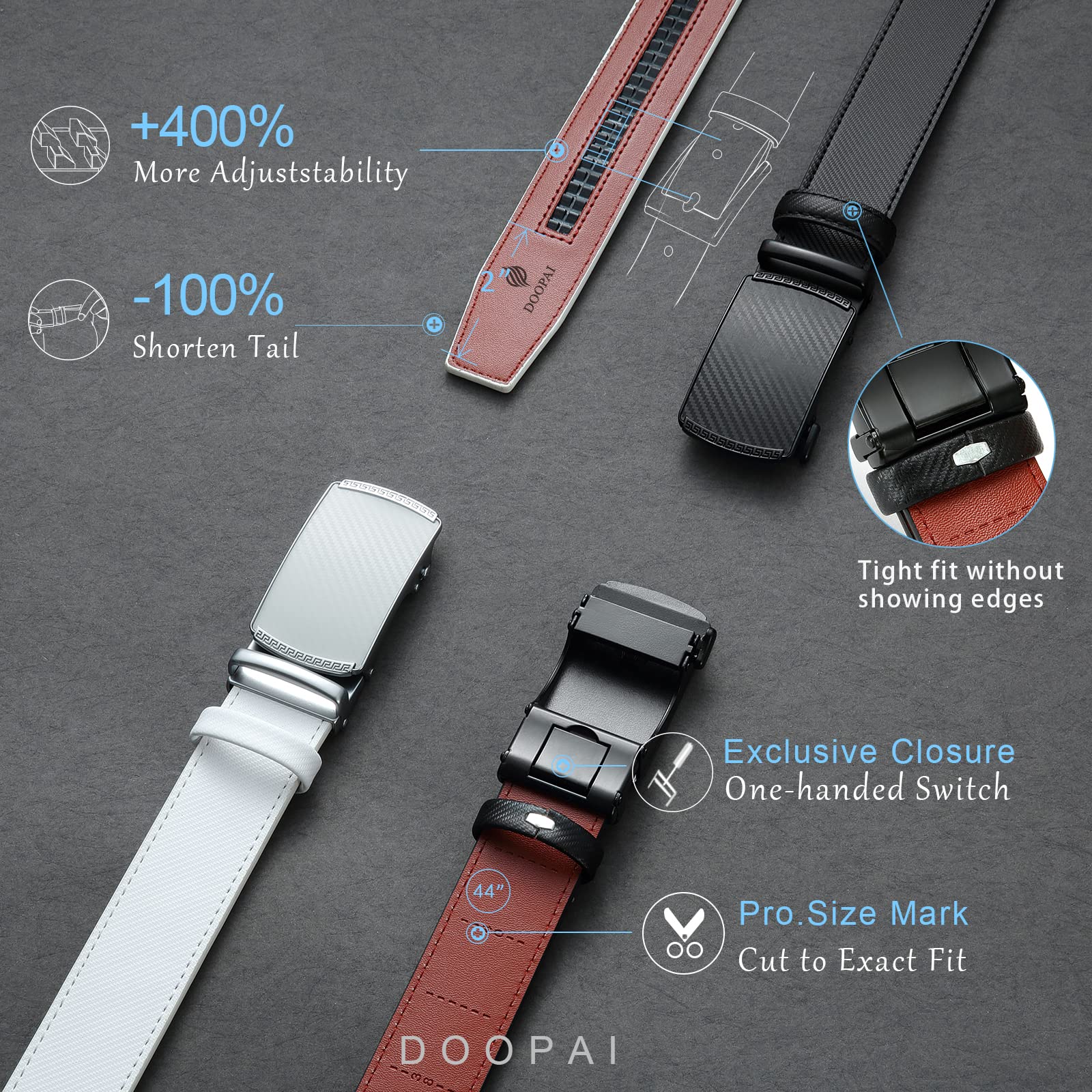 DOOPAI Men's 2 Pack Ratchet Dress Belt - Adjustable 1 3/8" Genuine Leather, Size Length Can Be Cut, With Gift Box