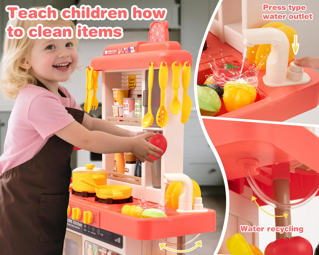Kids Kitchen Play Set，Interactive Kids Kitchen Play Set with 50Pcs of Pretend Kitchen Toys，Realistic Sound Effects，and Simulated Functionality - Suitable for Toddlers Aged 3-5 Years (Green)