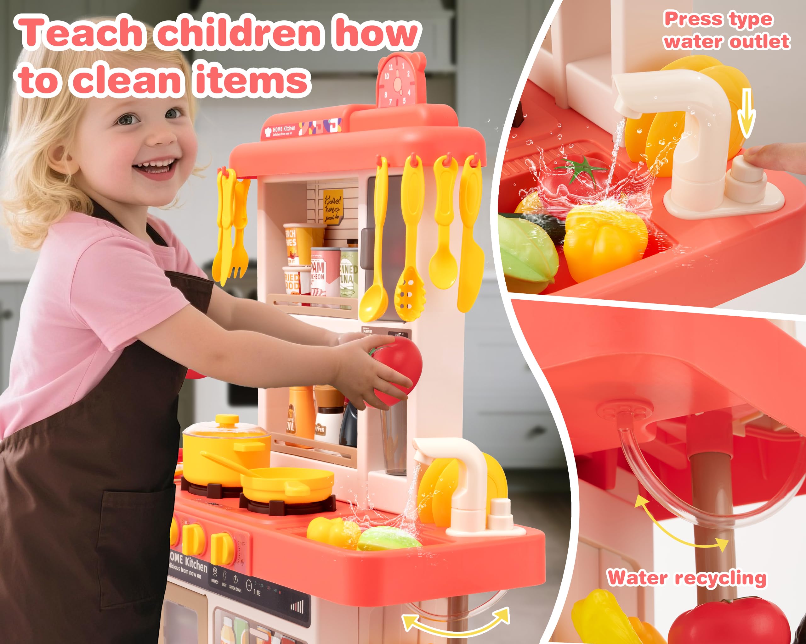 Kids Kitchen Play Set，Interactive Kids Kitchen Play Set with 50Pcs of Pretend Kitchen Toys，Realistic Sound Effects，and Simulated Functionality - Suitable for Toddlers Aged 3-5 Years (Green)
