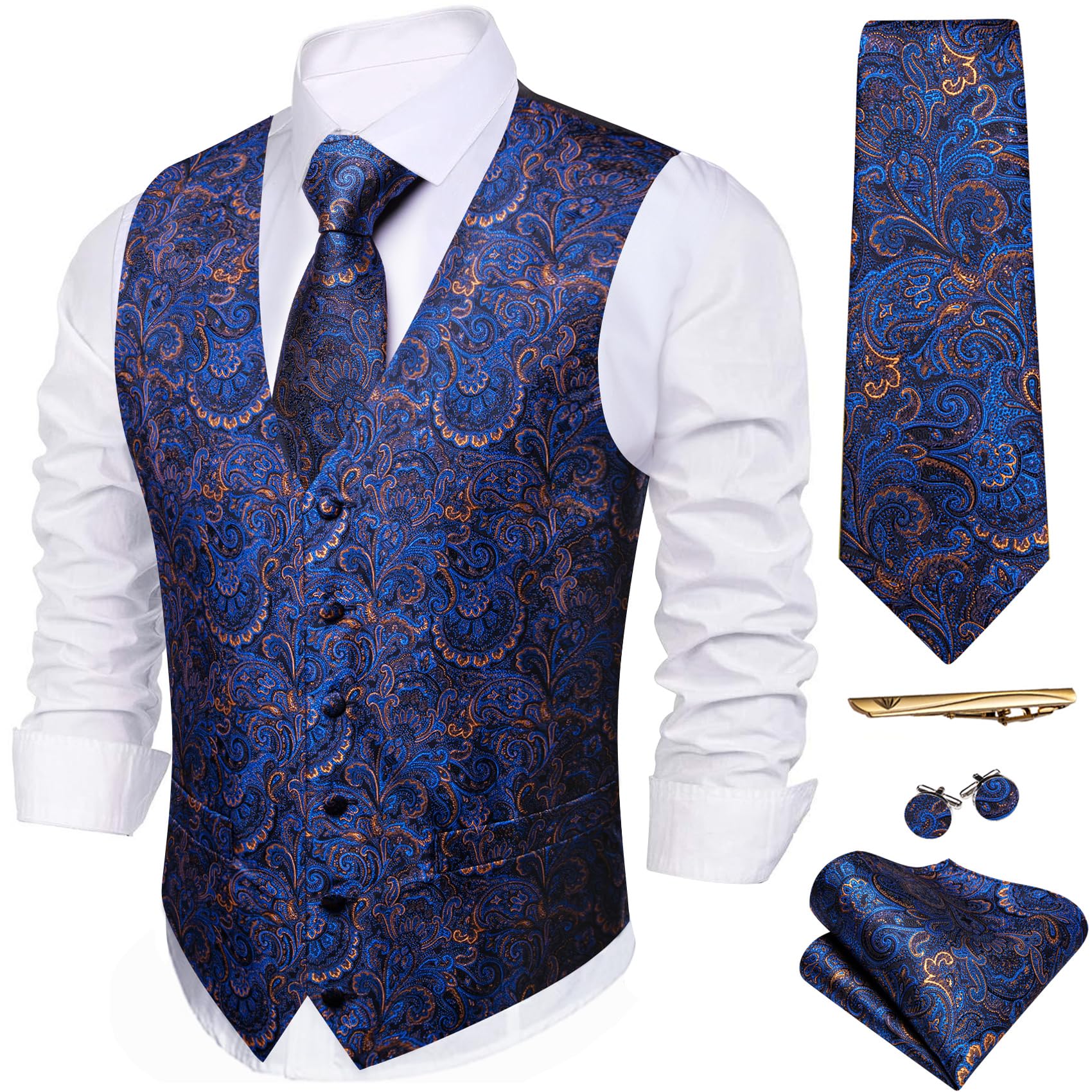 Barry.Wang Men's Suit Vest Formal/Leisure Paisley Jacquard Silk Tie Pocket Square Waistcoat Set Wedding 5PCS