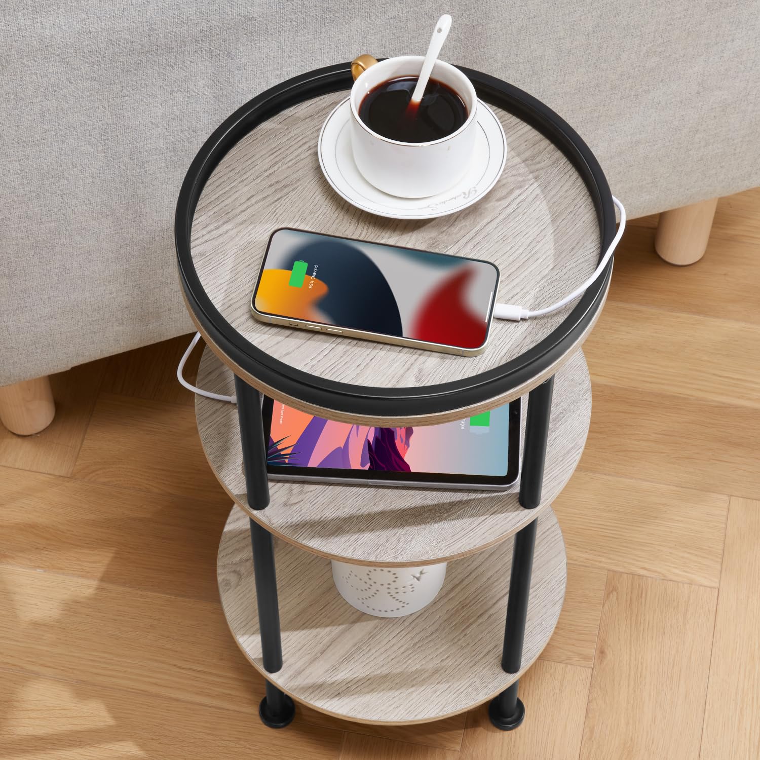 Small Round Side Table with Charging Station for Small Spaces, 3-Tier Accent Table with USB Ports & Power Outlets, Sofa Corner Tea Table for Living Room Nightstand Bedroom Apartment (Black)