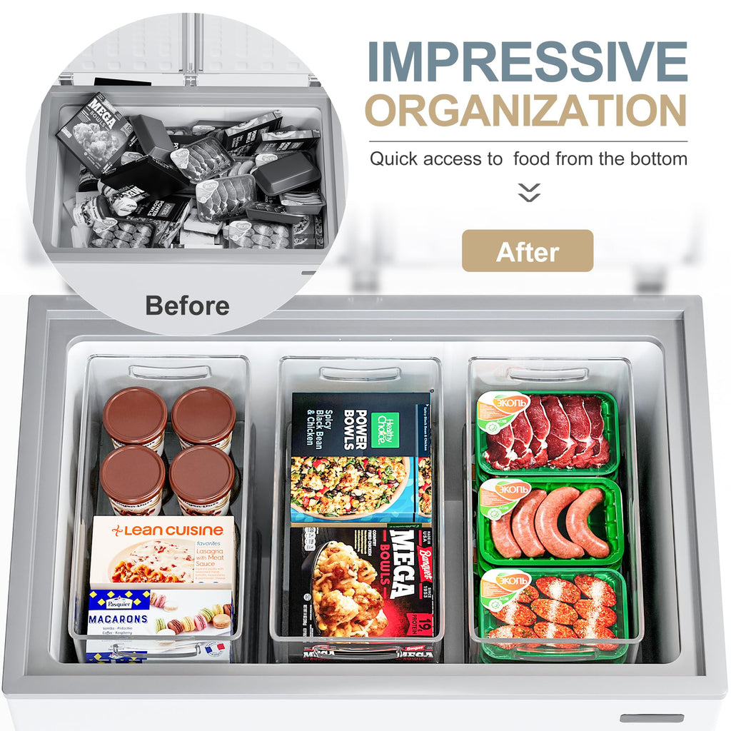 Heyuzb 2 Pack Clear Freezer Organizer Bins Stackable Storage Bins with Side Handles for Kitchen Pantry Cabinet Organzation and Storage