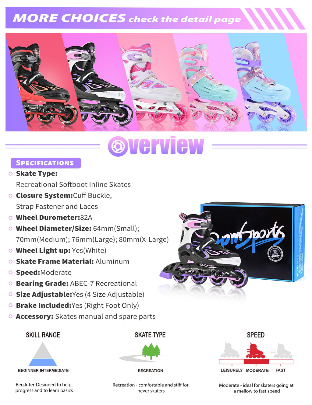 2PM SPORTS Vinal Girls Adjustable Flashing Inline Skates, All Wheels Light Up, Fun Illuminating Skates for Kids Men Adult Women and Boys