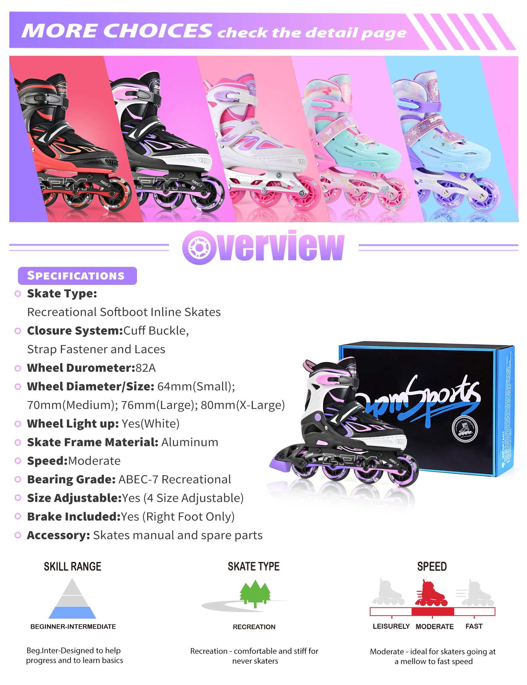 2PM SPORTS Vinal Girls Adjustable Flashing Inline Skates, All Wheels Light Up, Fun Illuminating Skates for Kids Men Adult Women and Boys
